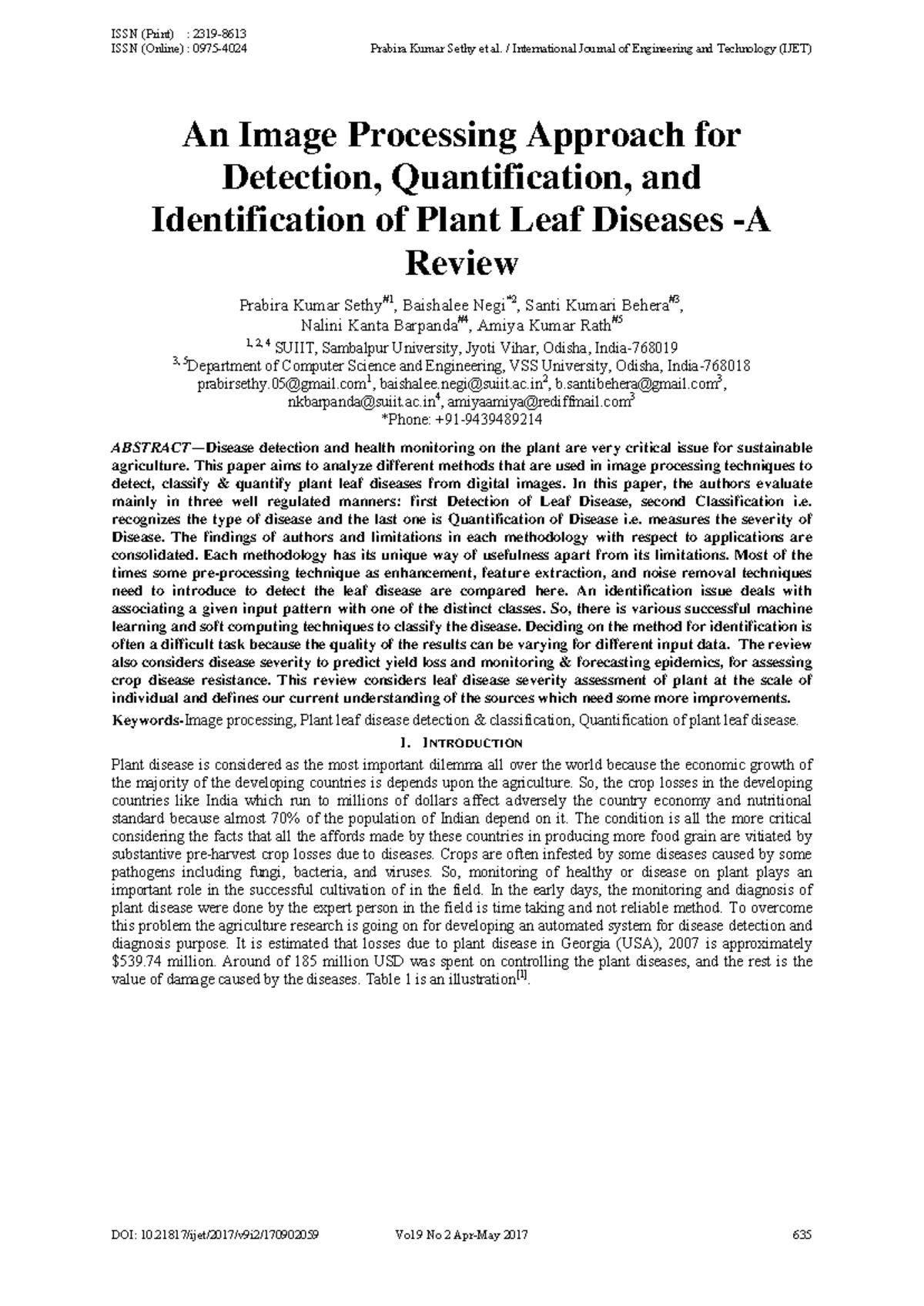 Image Processing Techniques for Detection & Quantification of Plant ...