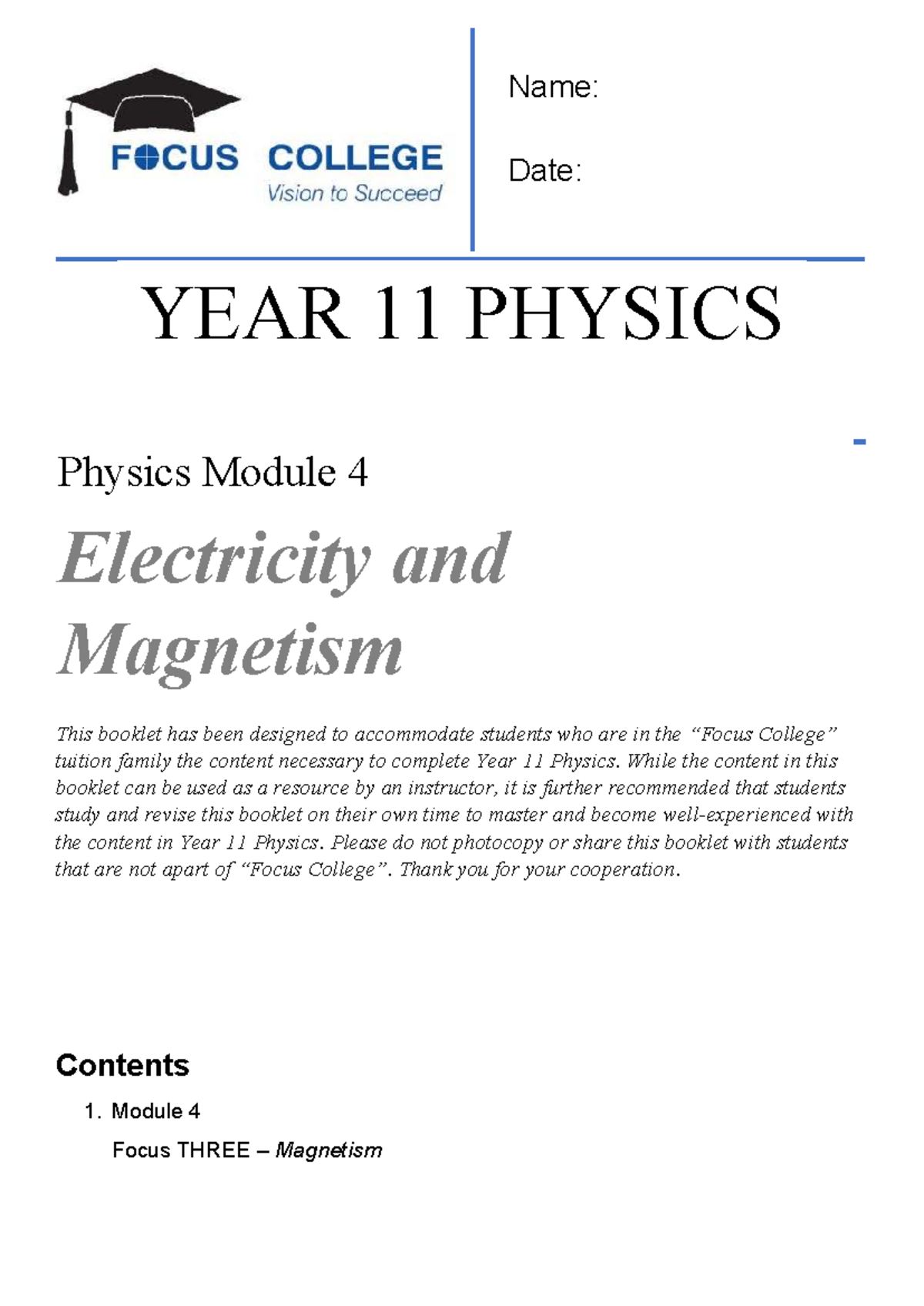 YEAR 11 PHYSICS Module 4: Electricity and Magnetism Overview - Studocu