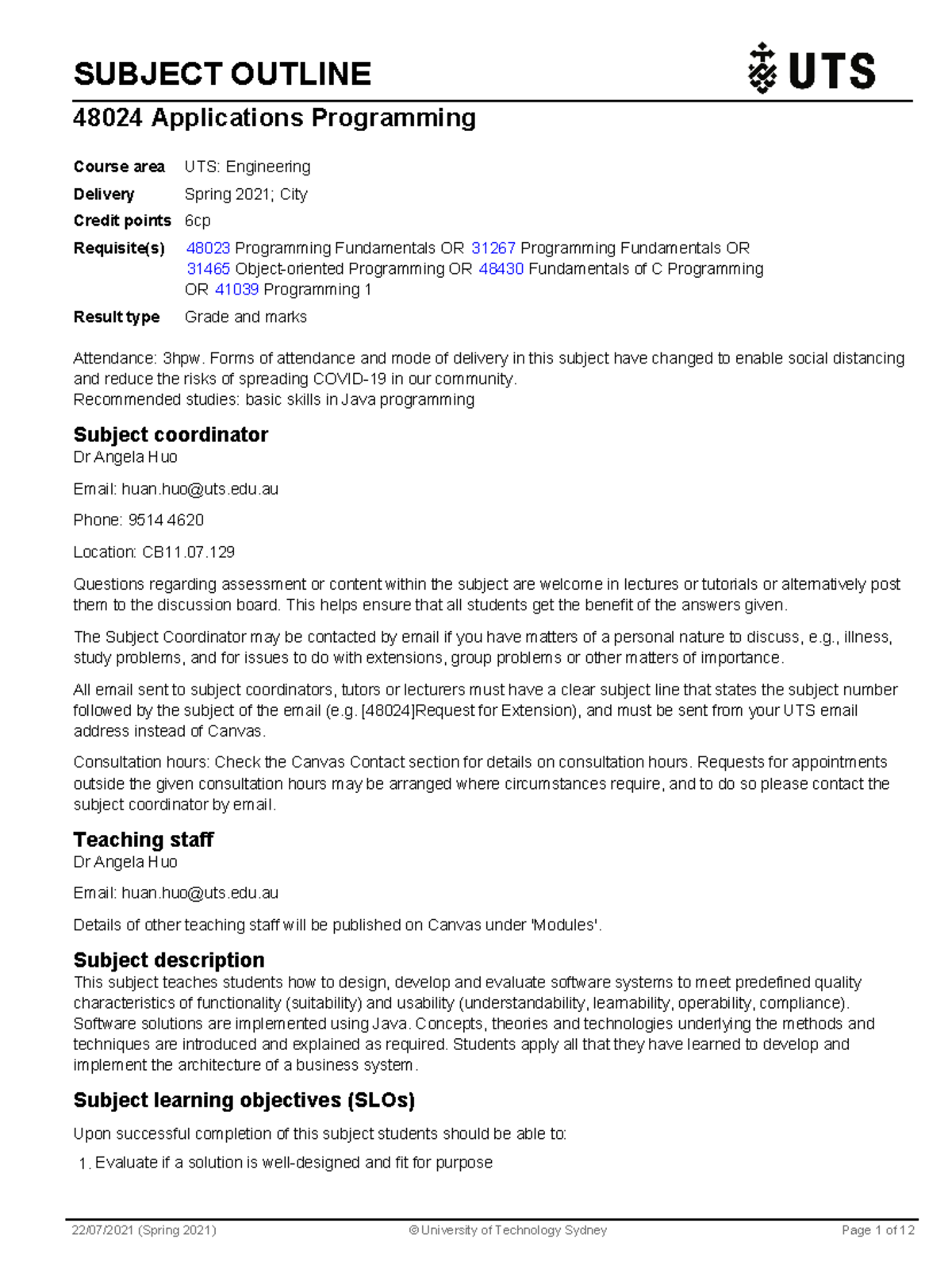 48024 Applications Programming Subject Outline and Learning Goals - Studocu