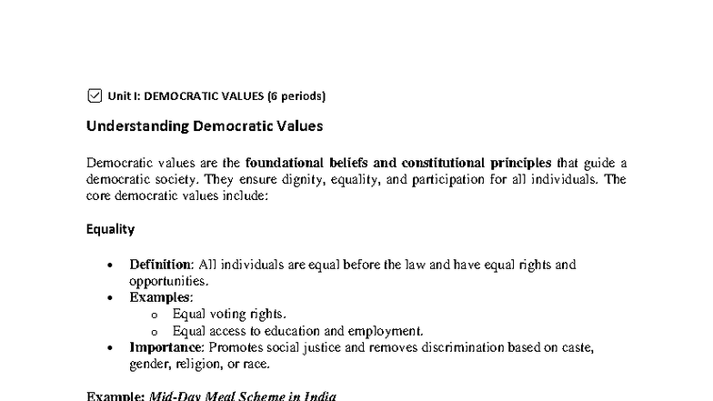 Unit I: Human Values and Ethics - Class Notes on Democratic Values ...