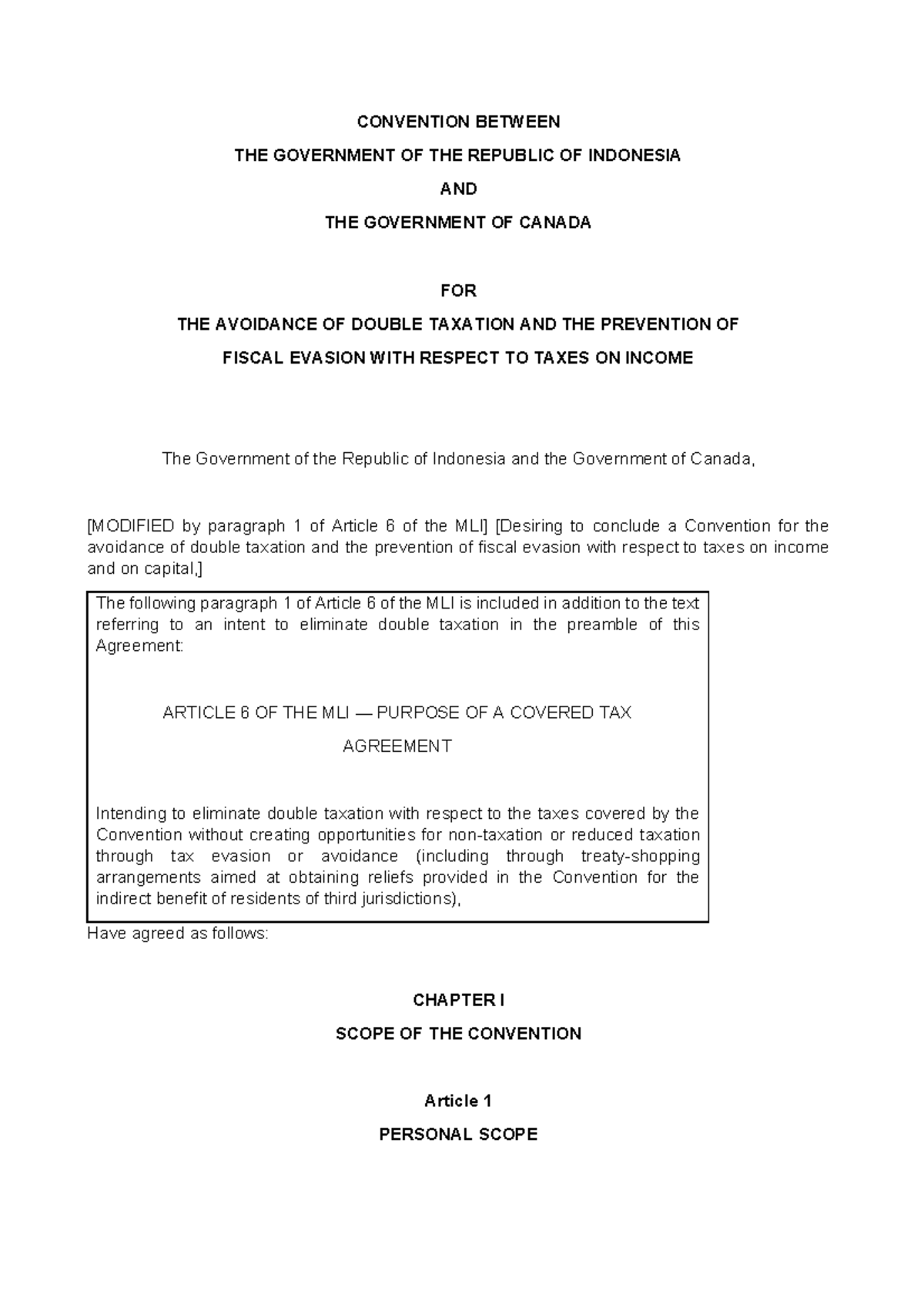 Tax Treaty between Indonesia and Canada (MLI Modified) - Studocu