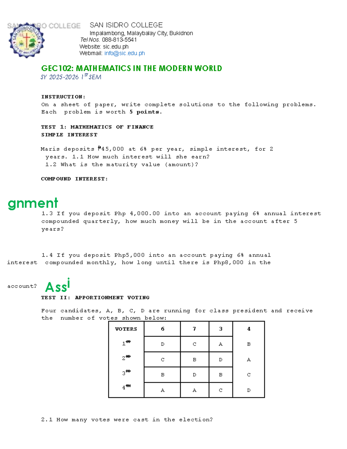 GEC102: Mathematics of Finance & Voting Methods - Final Assignment ...