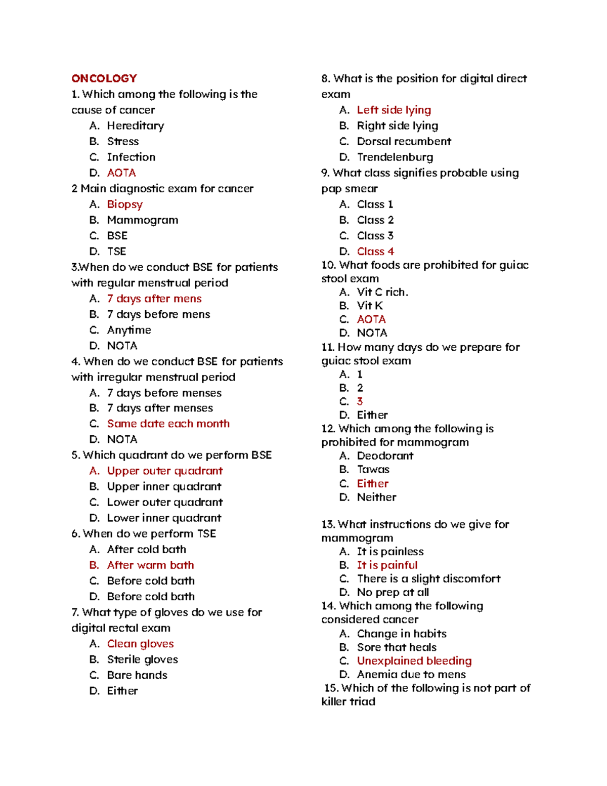 CA 2 POST TEST Prelims - Oncology Exam Review Notes - Studocu