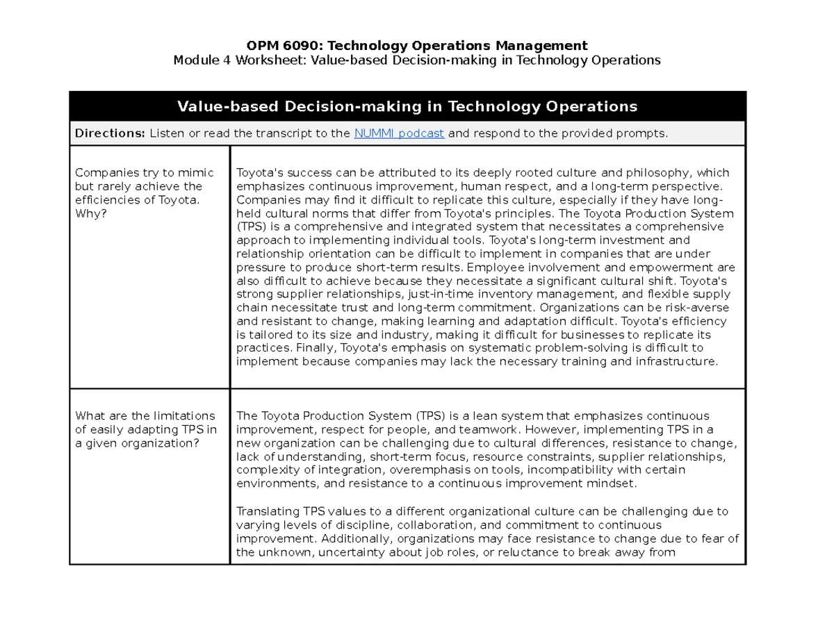 OPM 6090 Module 4 Worksheet: Value-based Decision-making in Tech Ops ...