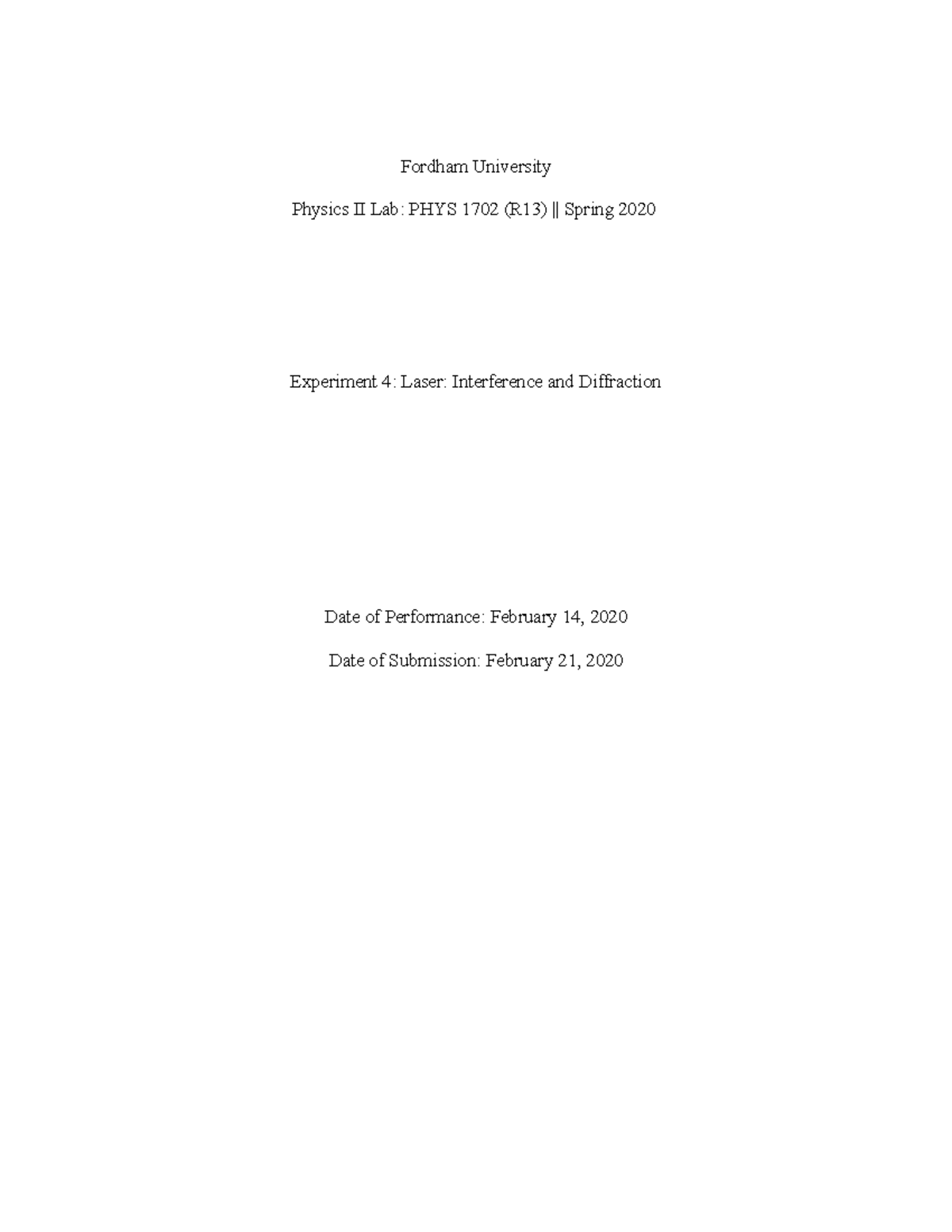 PHYS 1702 Lab 4 - Laser Interference & Diffraction Report - Studocu
