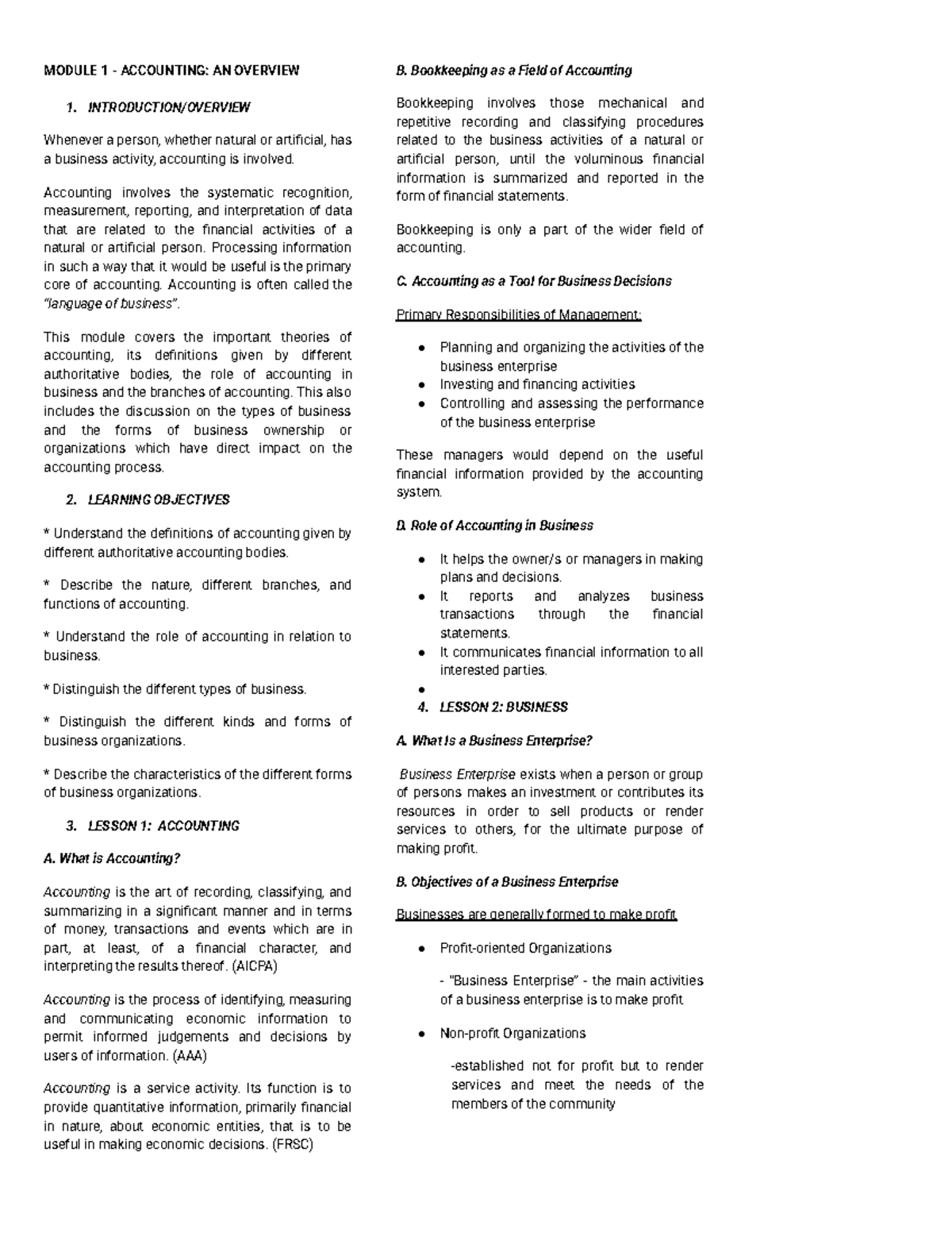 MODULE 1: ACCOUNTING OVERVIEW AND BUSINESS IMPACT - Studocu