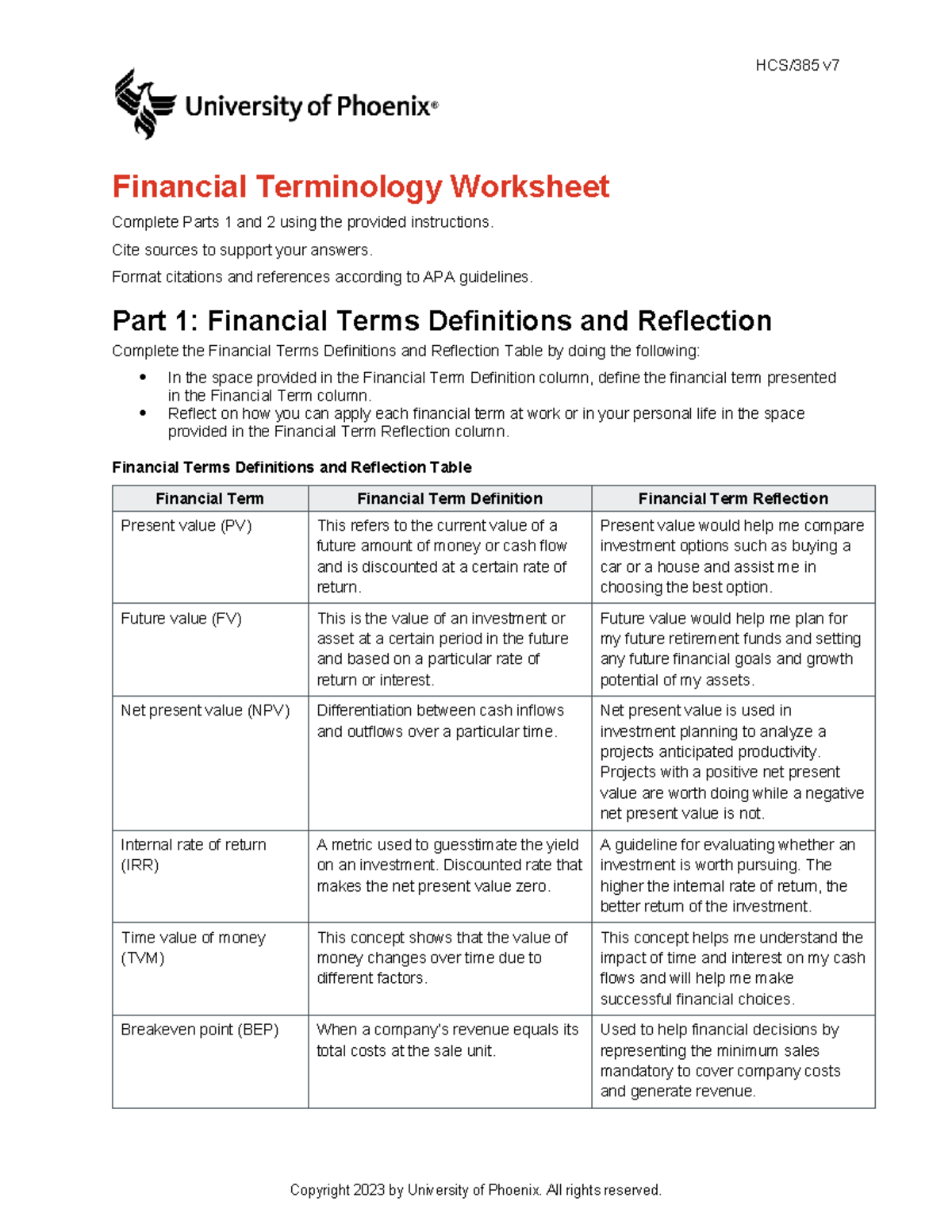 HCS 385 Week 1 Financial Terminology Worksheet and Reflection Guide ...