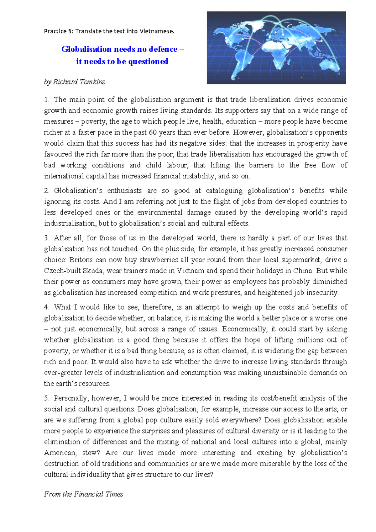 Practice 9: Globalisation - Benefits and Drawbacks Analysis - Studocu