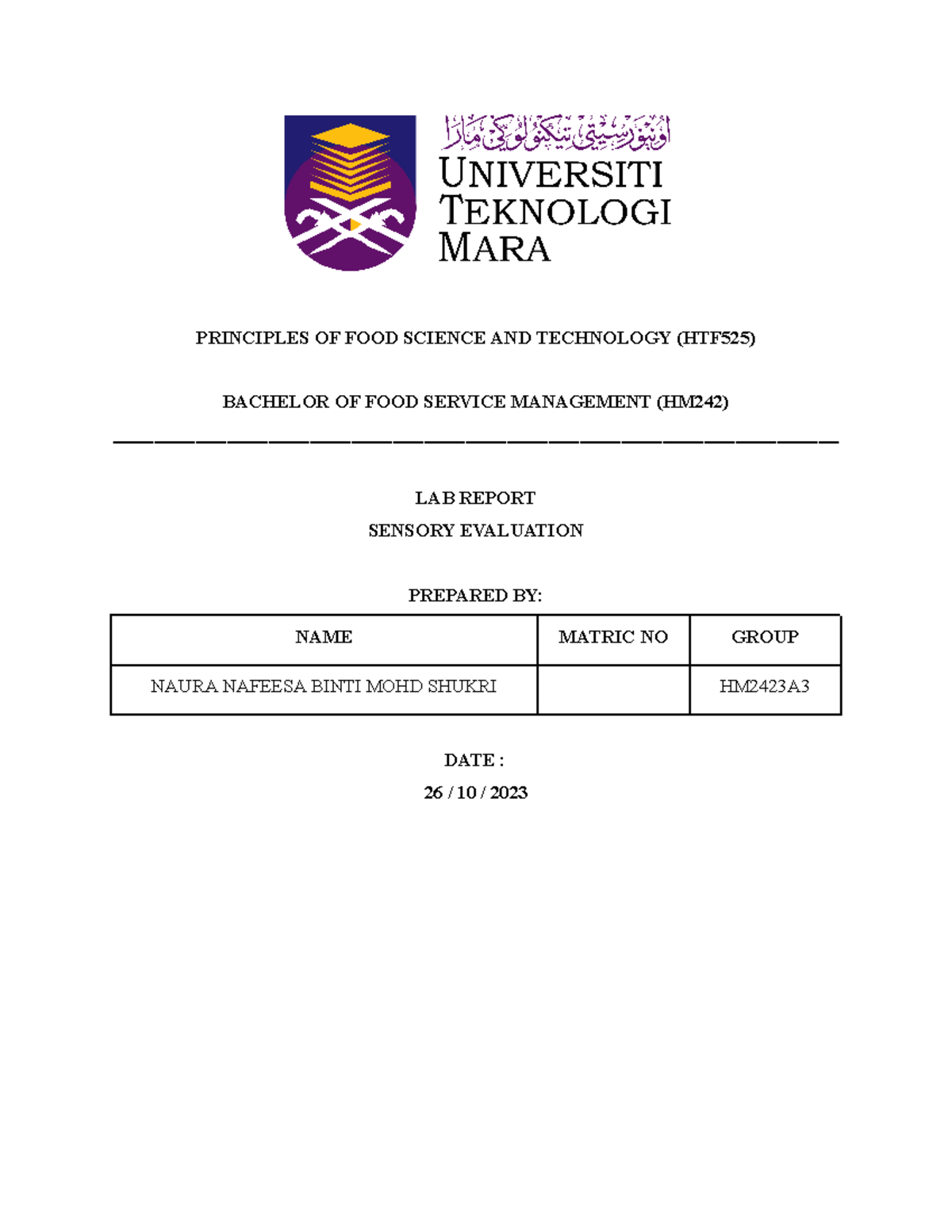 LAB Report on Sensory Evaluation in Food Science (HTF525) - Studocu