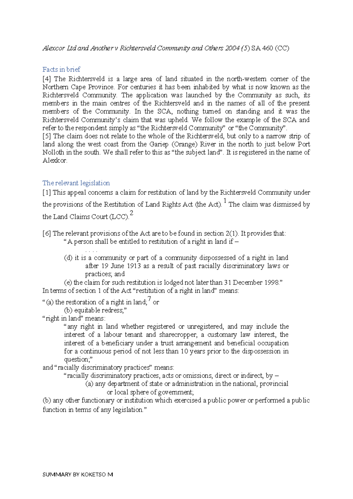 Alexkor Case Summary: Richtersveld Community vs. Alexkor Ltd (2004 ...