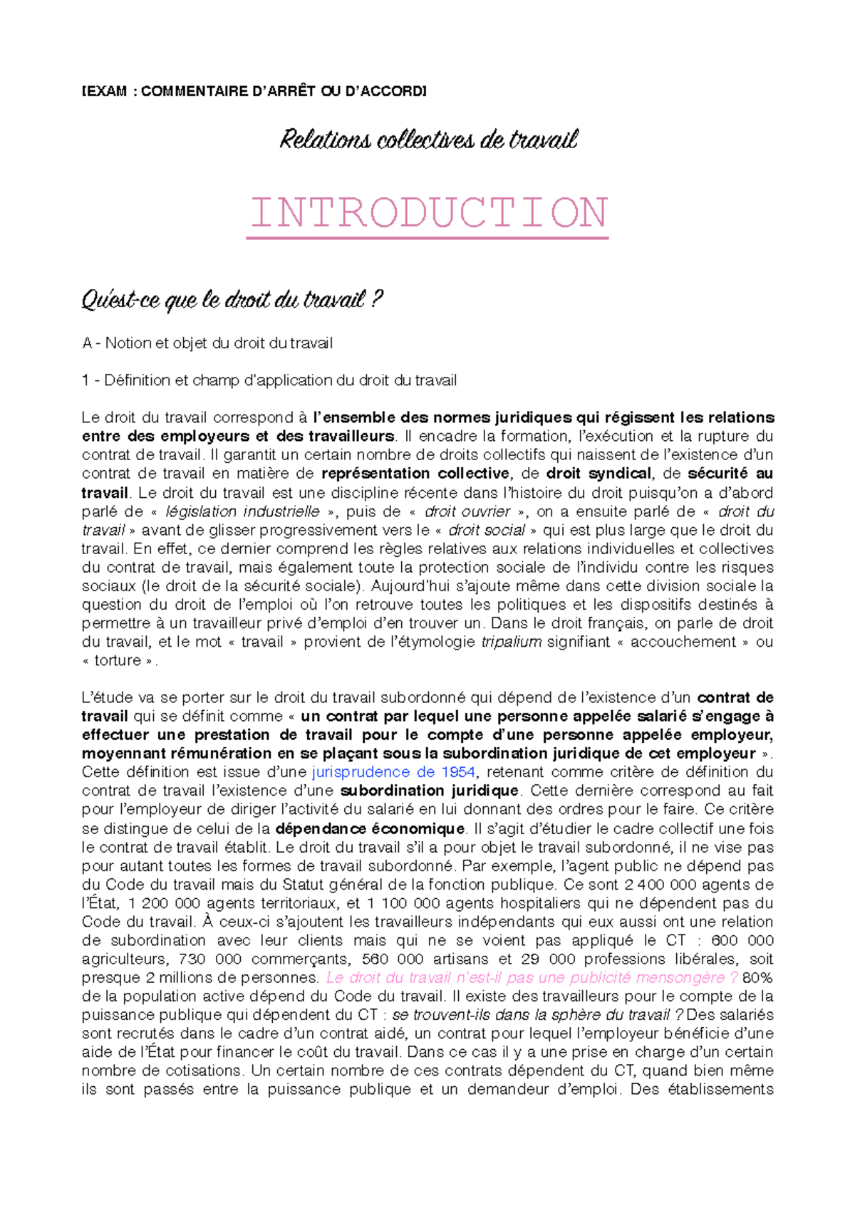 Notes de Cours : Droit du Travail - Commentaire d'Arrêt et Accord - Studocu