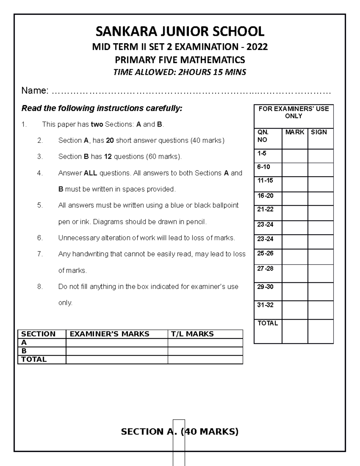 P.5 MTC MID TERM II MATHEMATICS EXAMINATION 2022-1 - Studocu