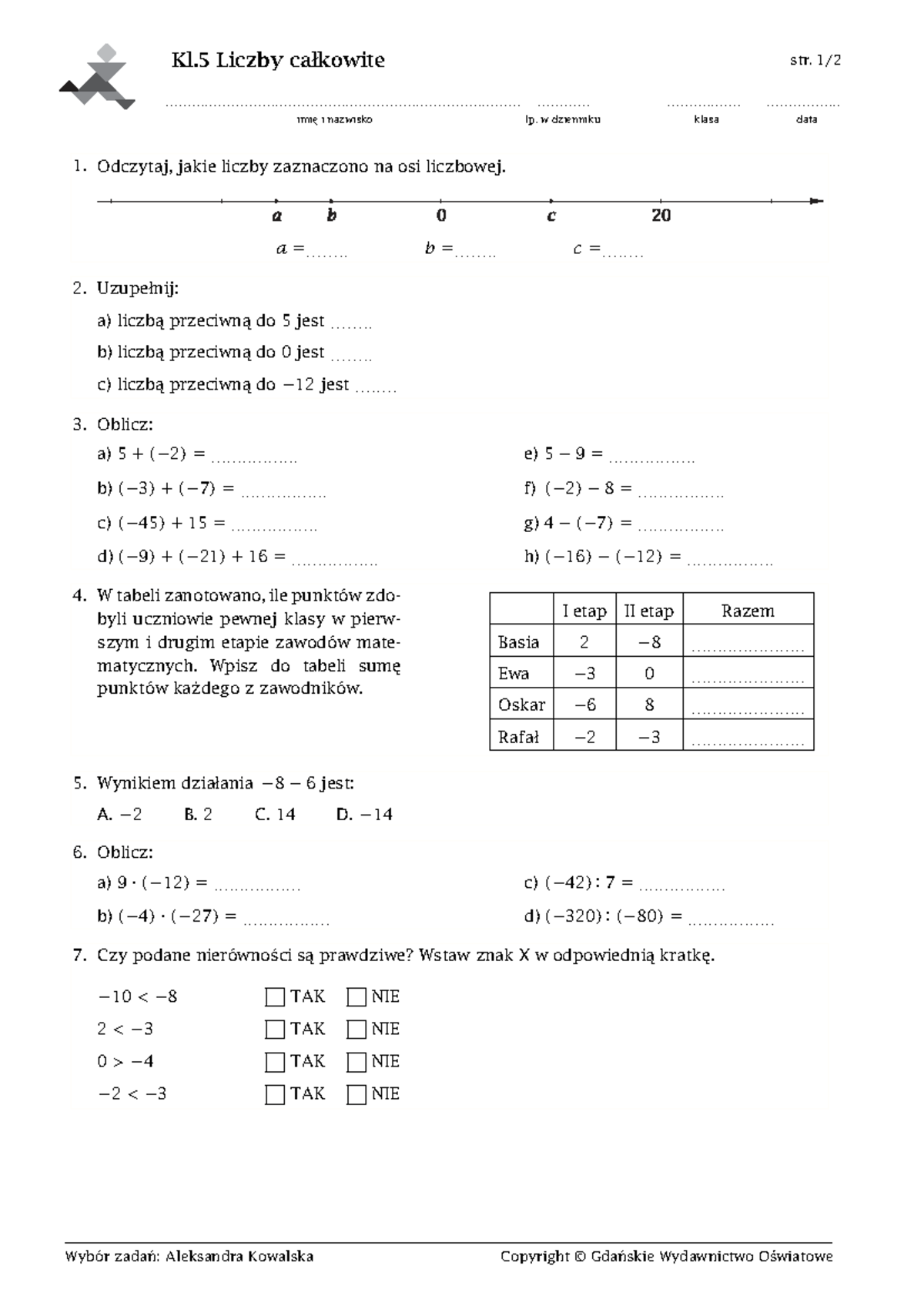 Matematyka Kl. 6 - Ćwiczenia z Liczb Całkowitych i Działań - Studocu
