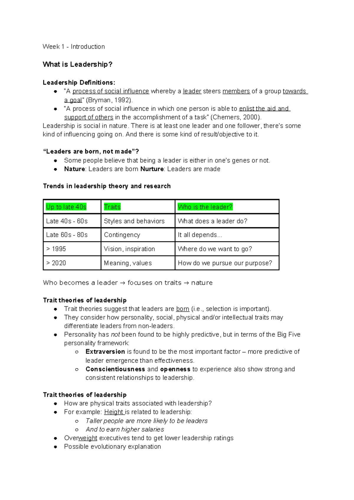 L&M 101: Week 1 Summary - Introduction to Leadership Concepts - Studeersnel