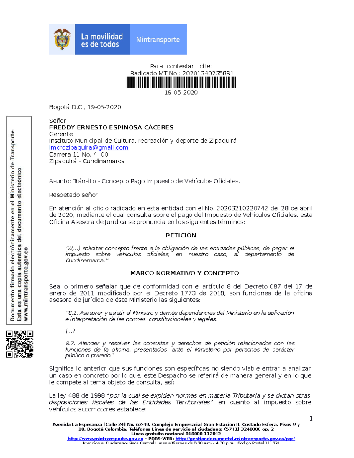 Tránsito - Concepto sobre Pago de Impuesto de Vehículos Oficiales - MT ...