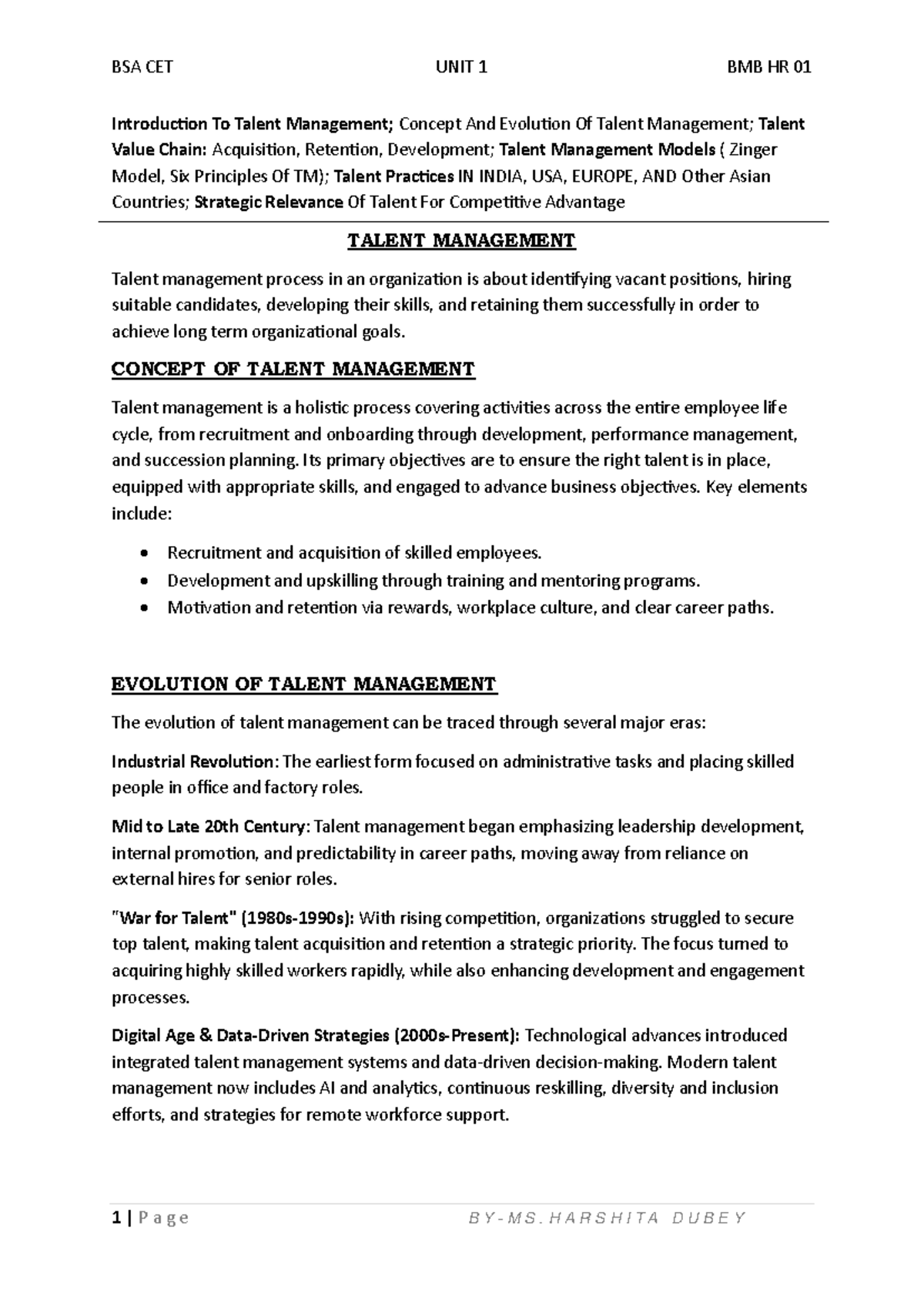 BSA CET UNIT 1 BMB HR 01 Talent Management: Concepts, Evolution, and ...