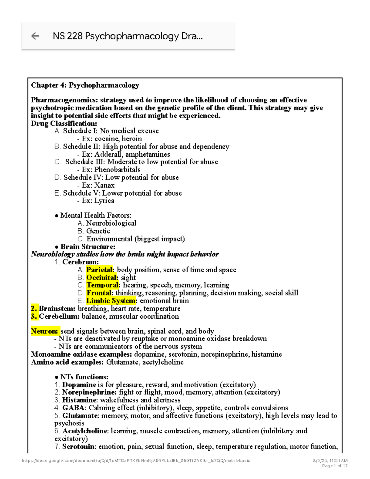 NS 228 Psychopharmacology Chapter 4: Pharmacogenomics and Drug Classes ...
