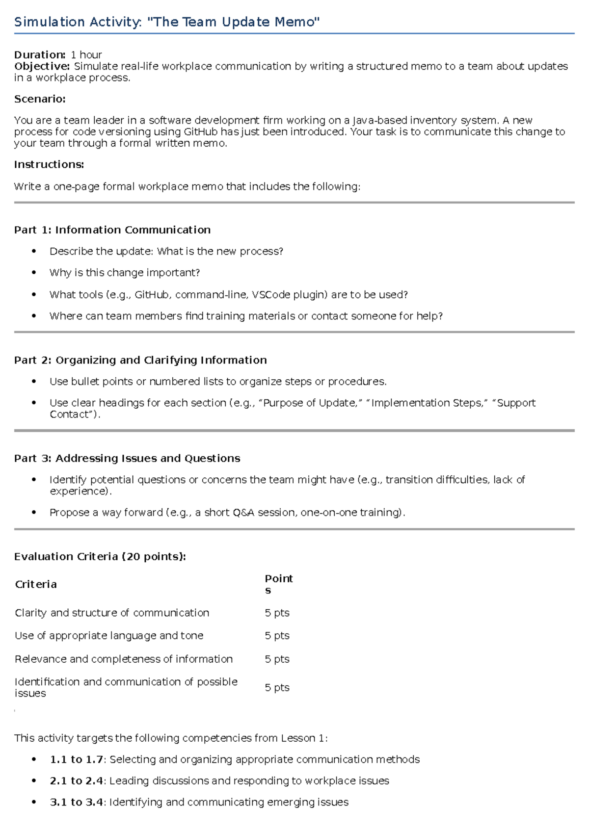 Team Update Memo: New GitHub Code Versioning Process (Sim Activity ...
