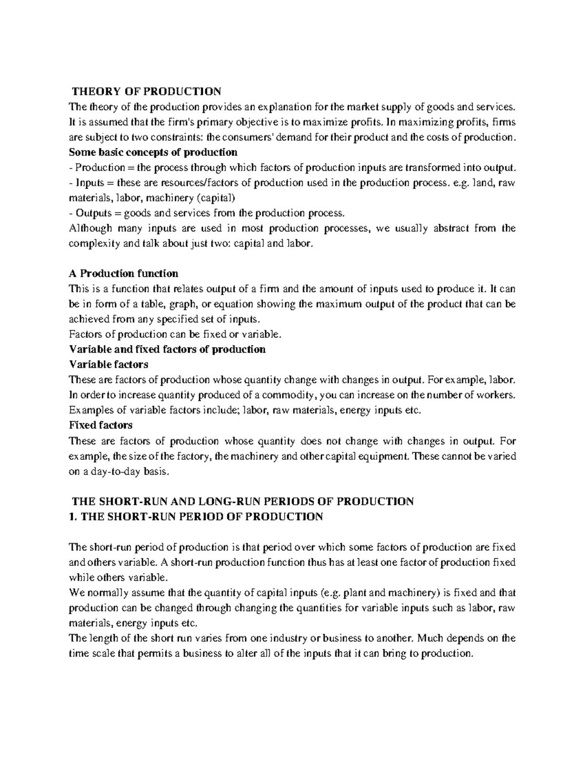 Production and Cost Theory Notes (ECON 101) - 2023-2024 - Studocu