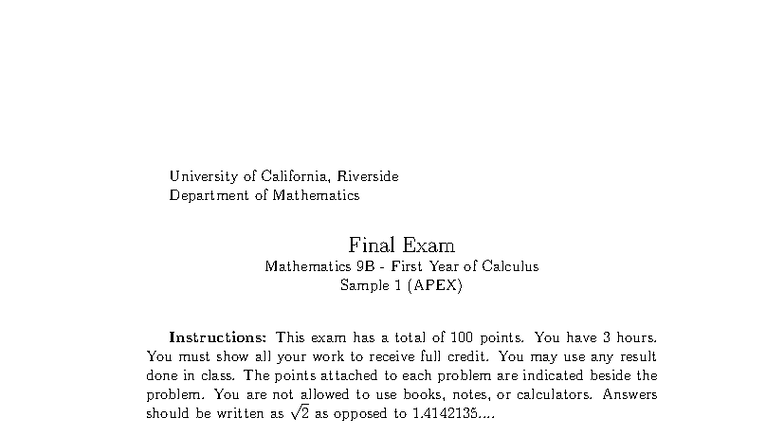 Mathematics 9B Final Exam Sample 1 - Calculus at UC Riverside - Studocu