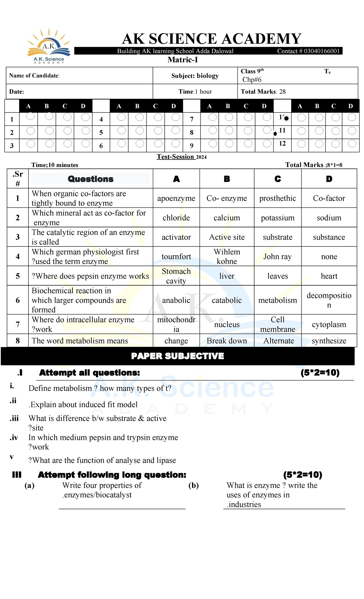AK SCIENCE ACADEMY Class 9 Biology Exam Paper - Enzymes & Metabolism ...