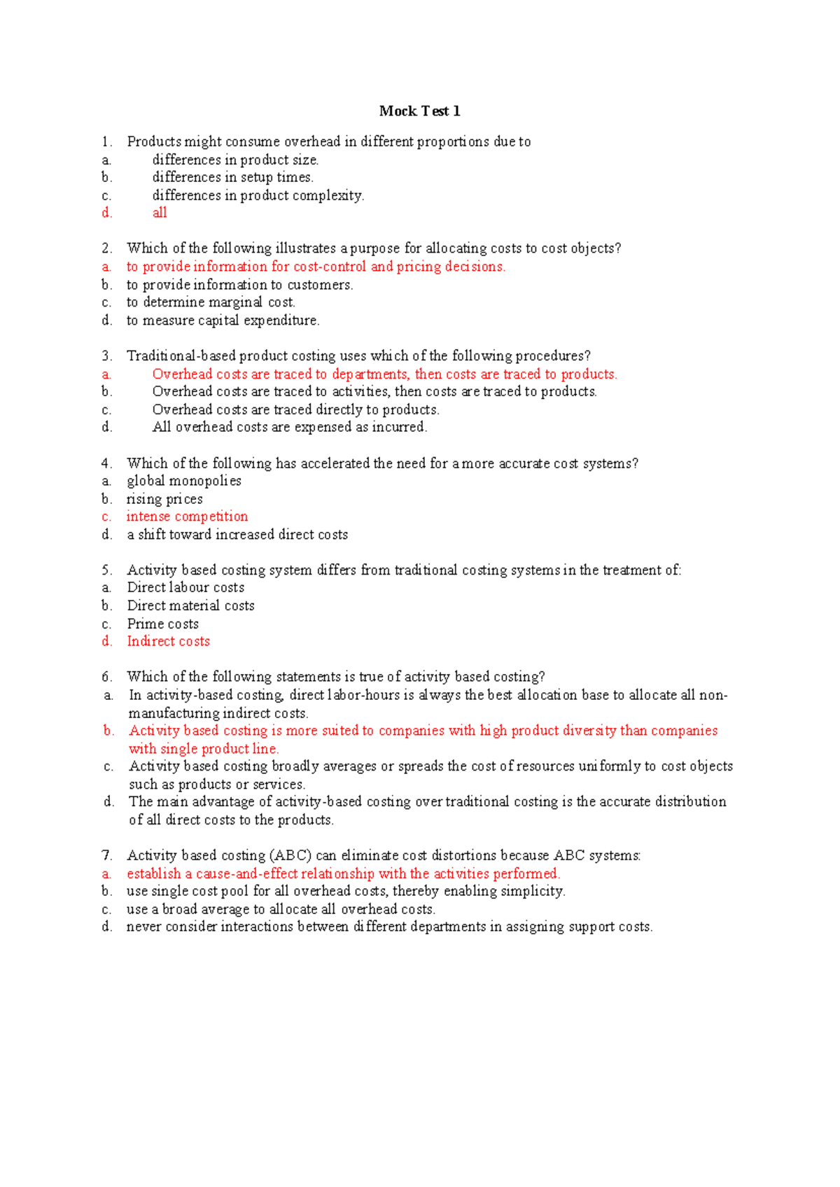 Mock Test 1 Solutions - MCQ Answers for Cost Accounting - Studocu
