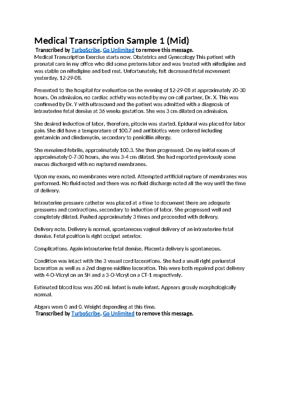 Medical Transcription Sample 1 (Mid) - Obstetrics Case Study - Studocu