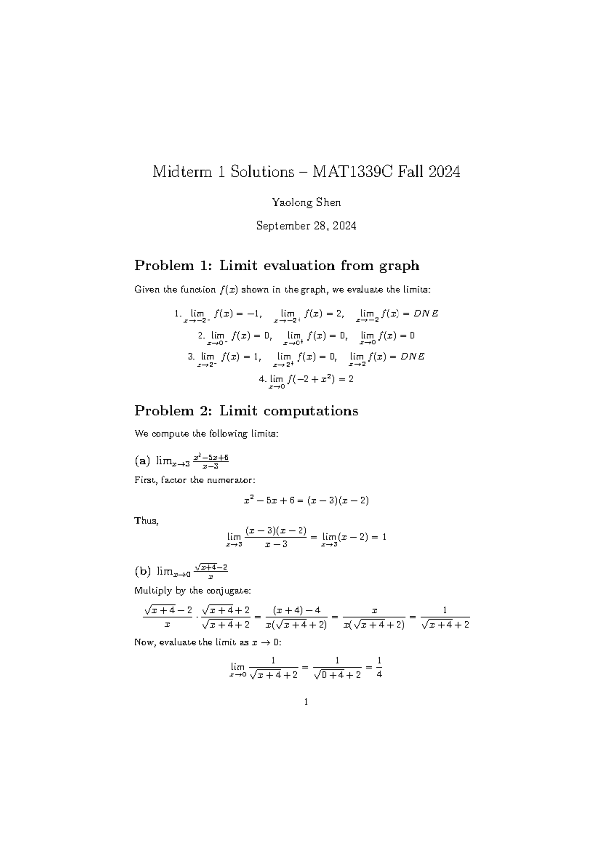 Key to midterm 1 - Midterm 1 Solutions – MAT1339C Fall 2024 Yaolong ...