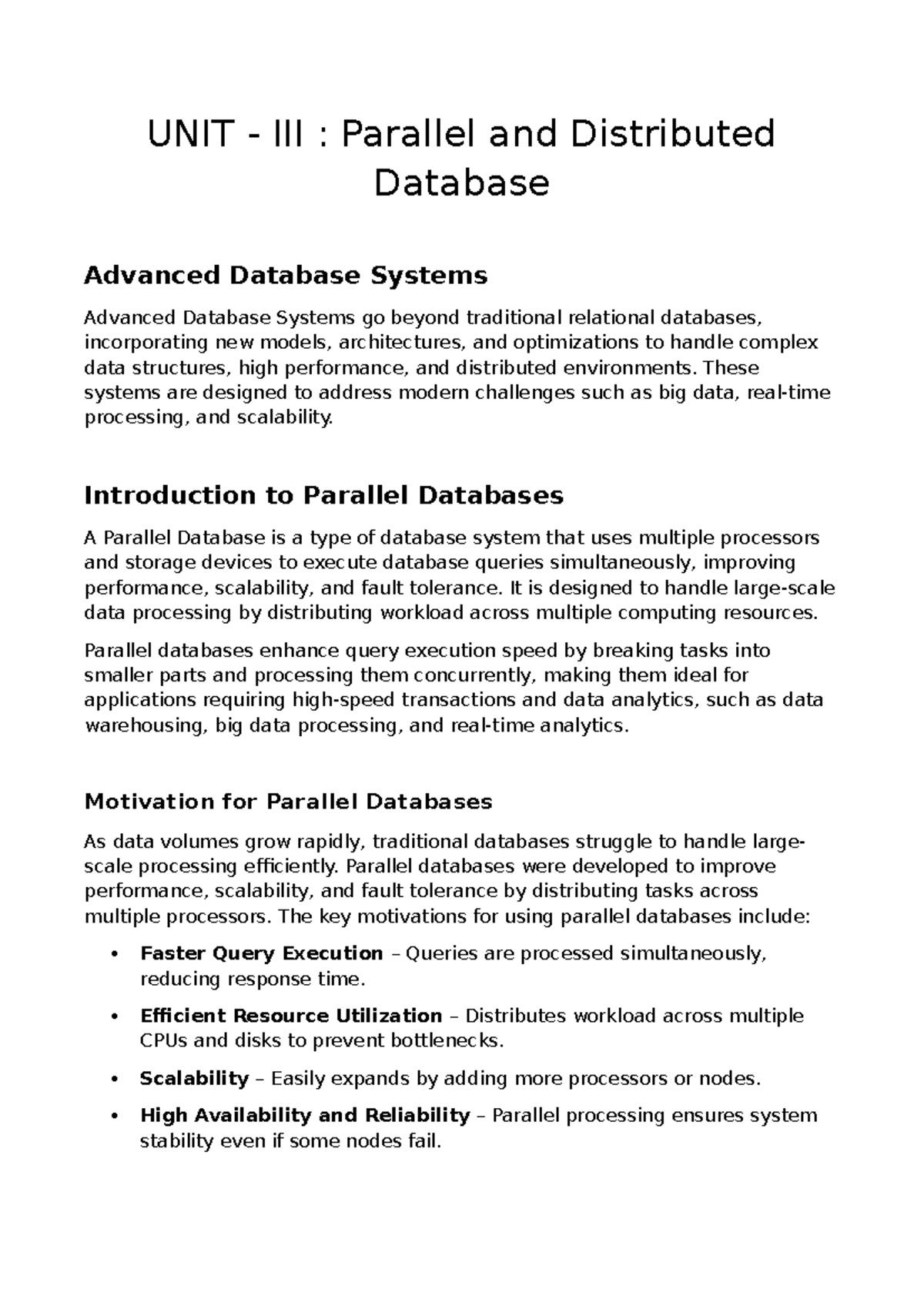 Module 3: Advanced Concepts in Parallel and Distributed Databases - Studocu
