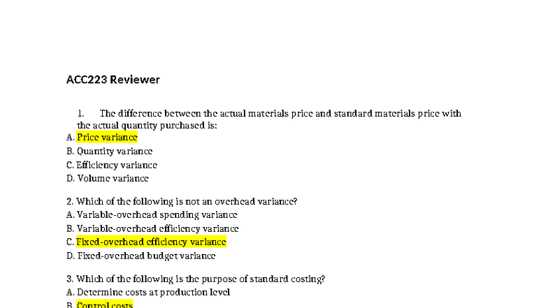 ACC223 Final Exam Reviewer: Key Concepts and Variances - Studocu