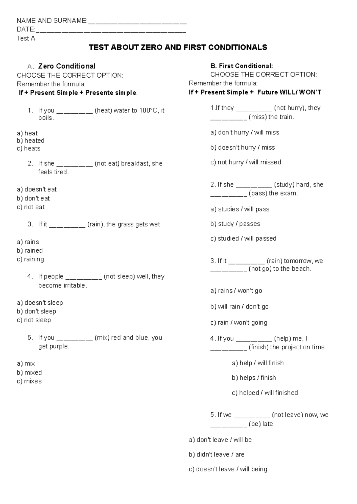 TEST A - Zero and First Conditionals Practice Exercises - Studocu