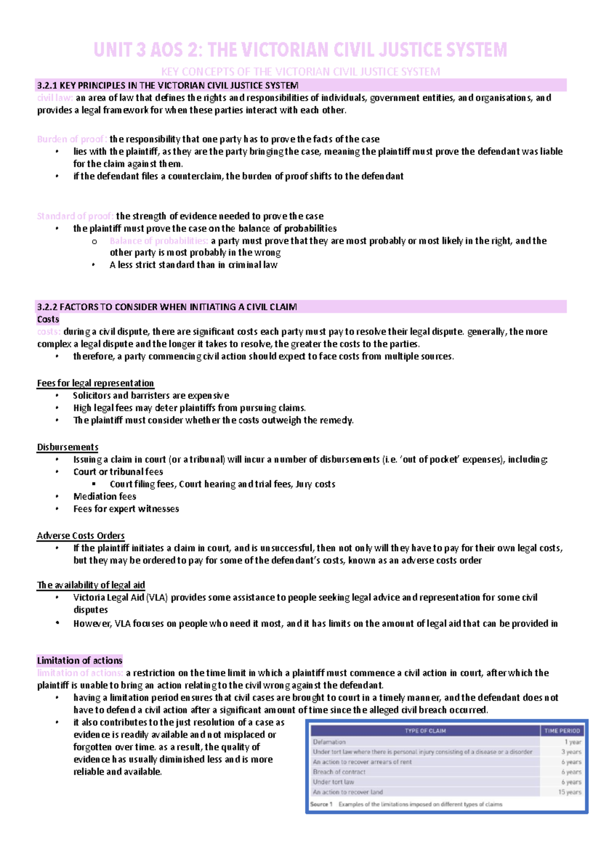 Unit 3 AOS 2: Key Concepts of the Victorian Civil Justice System - Studocu