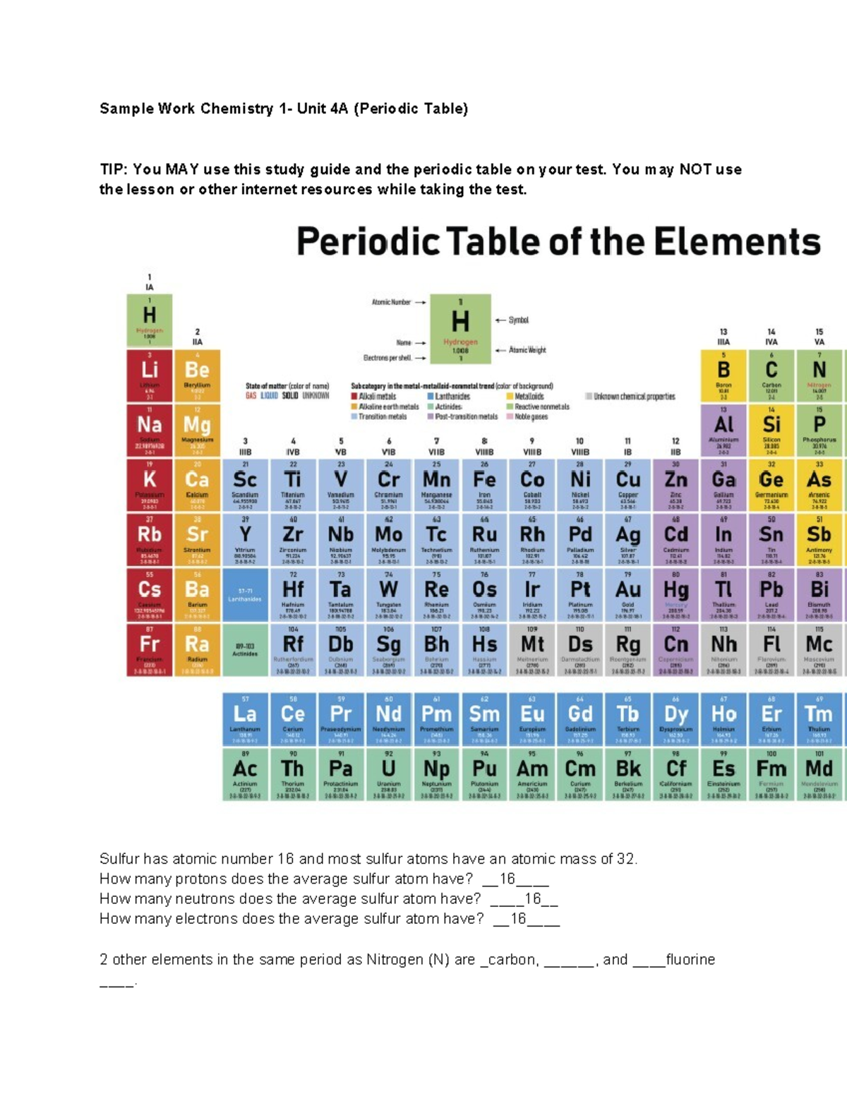 Chemistry 1 SW (4A) - Periodic Table Study Guide Answers - Studocu