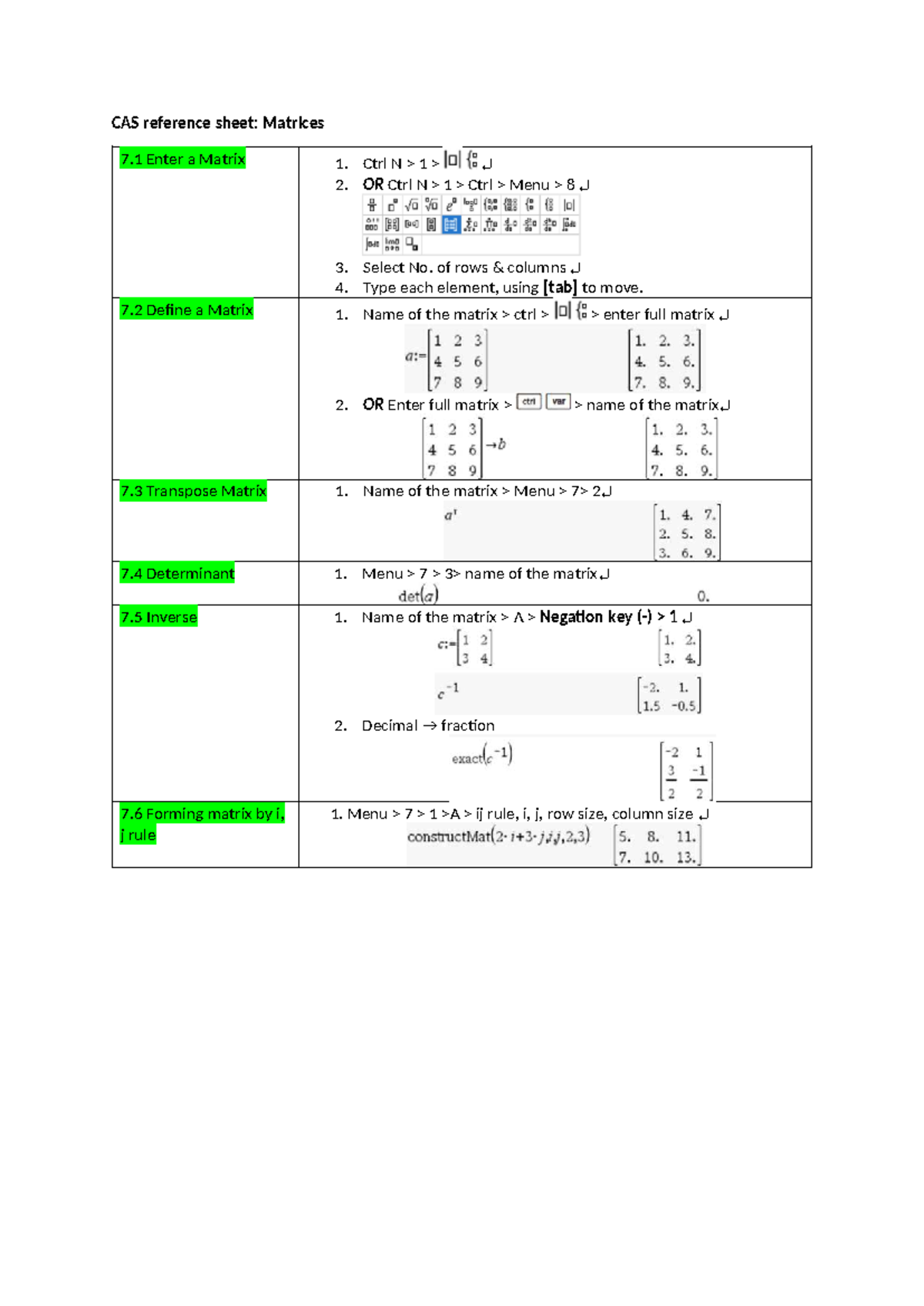 CAS Reference Sheet: Matrices Overview and Operations - Studocu