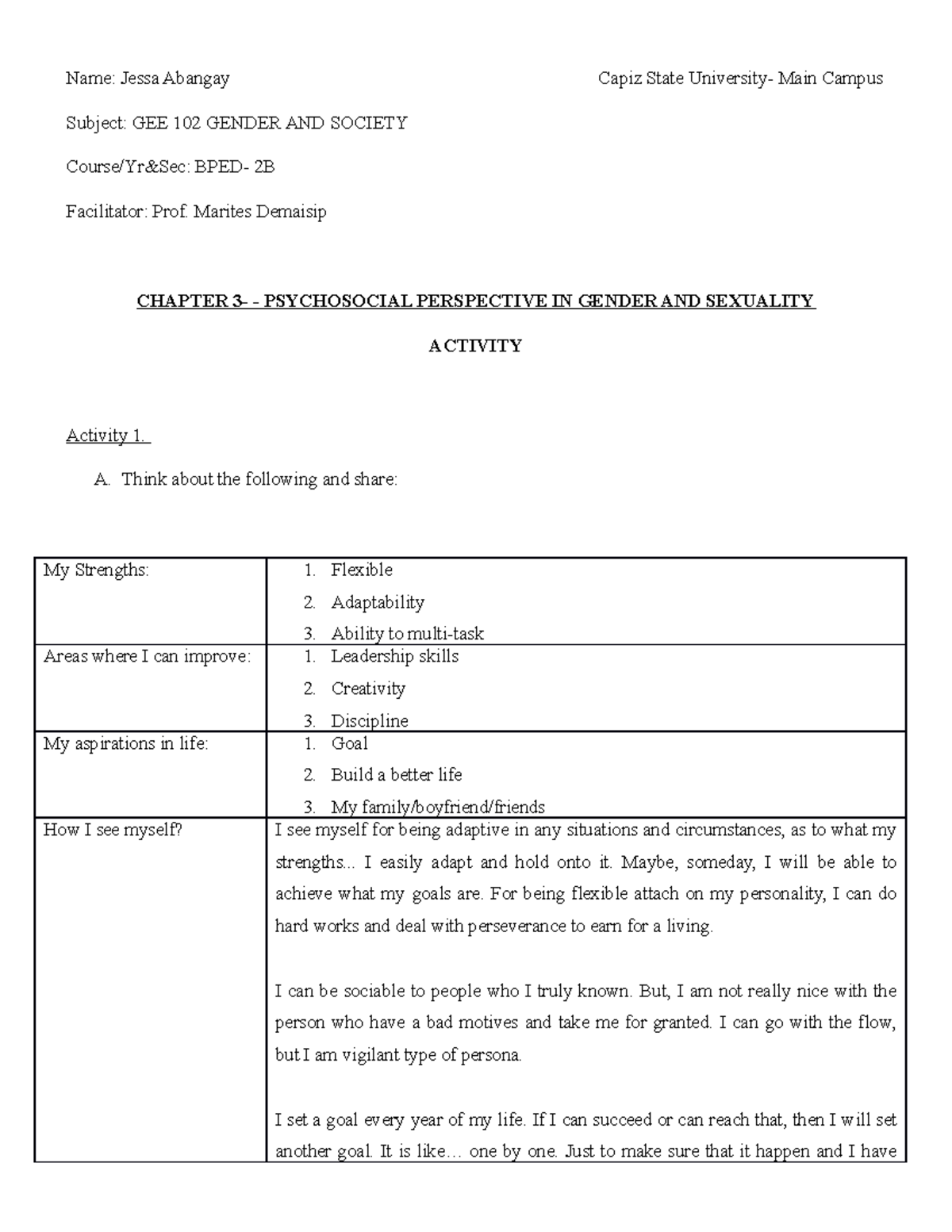 GEE 102 Answer Module 3 - Gender and Society - Name: Jessa Abangay ...