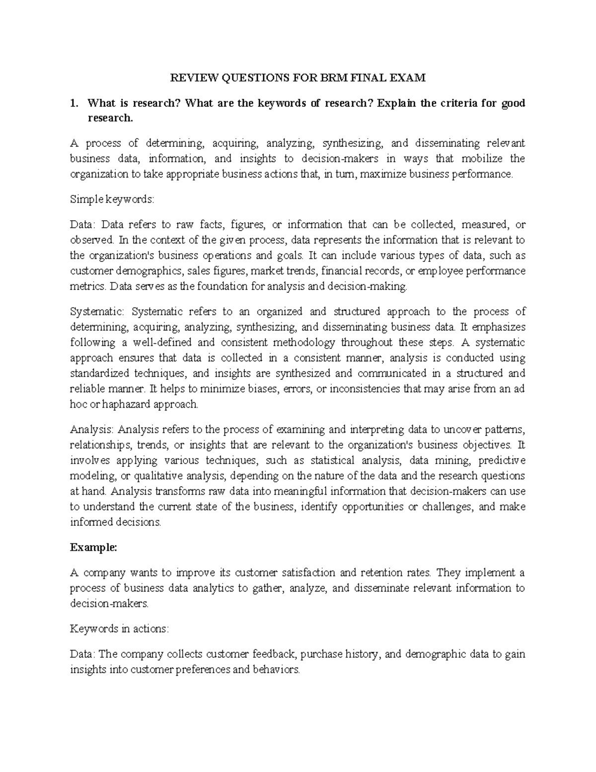 REVIEW QUESTIONS FOR BRM FINAL EXAM (BRM 101) - Studocu