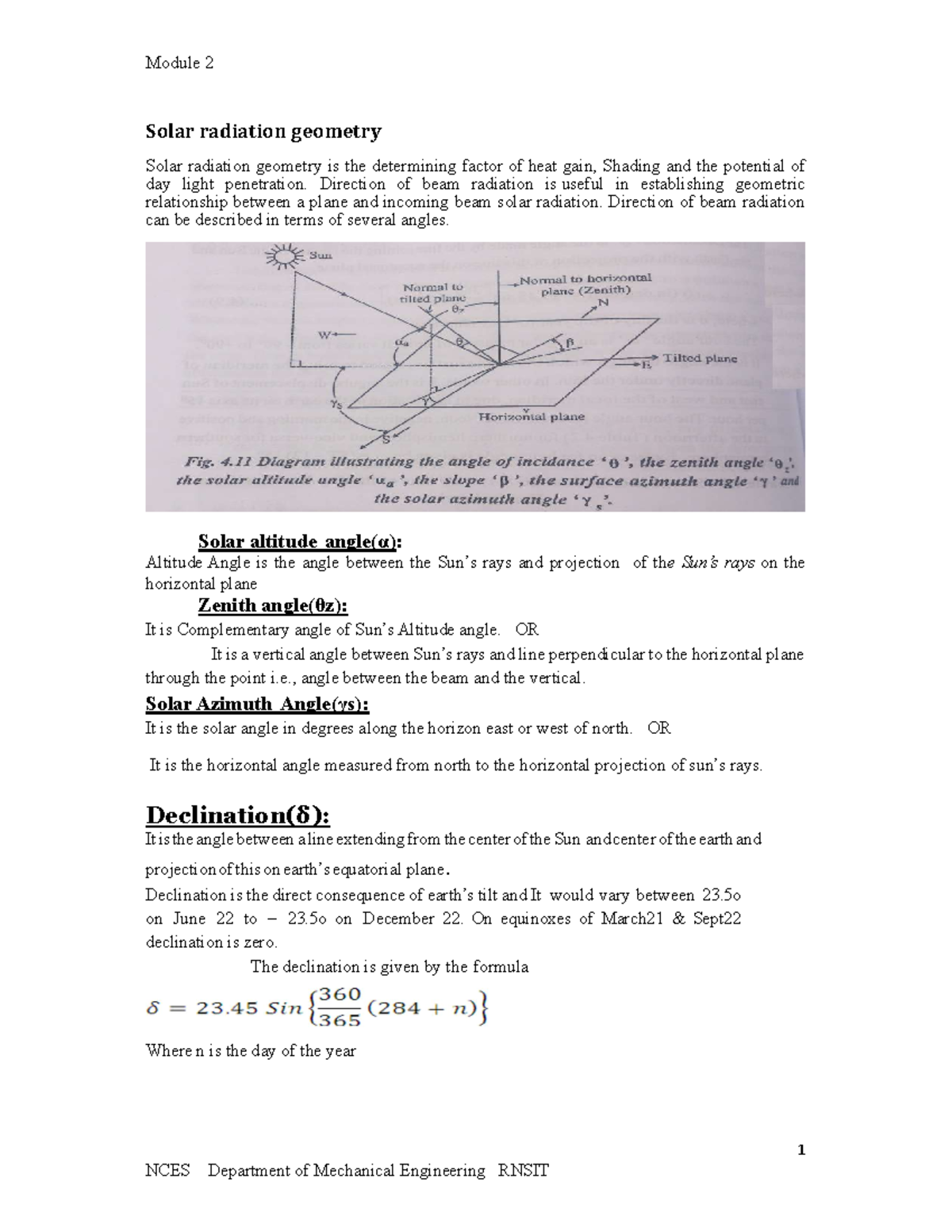 NCES Module 2 Notes on Solar Radiation & Collectors - Studocu