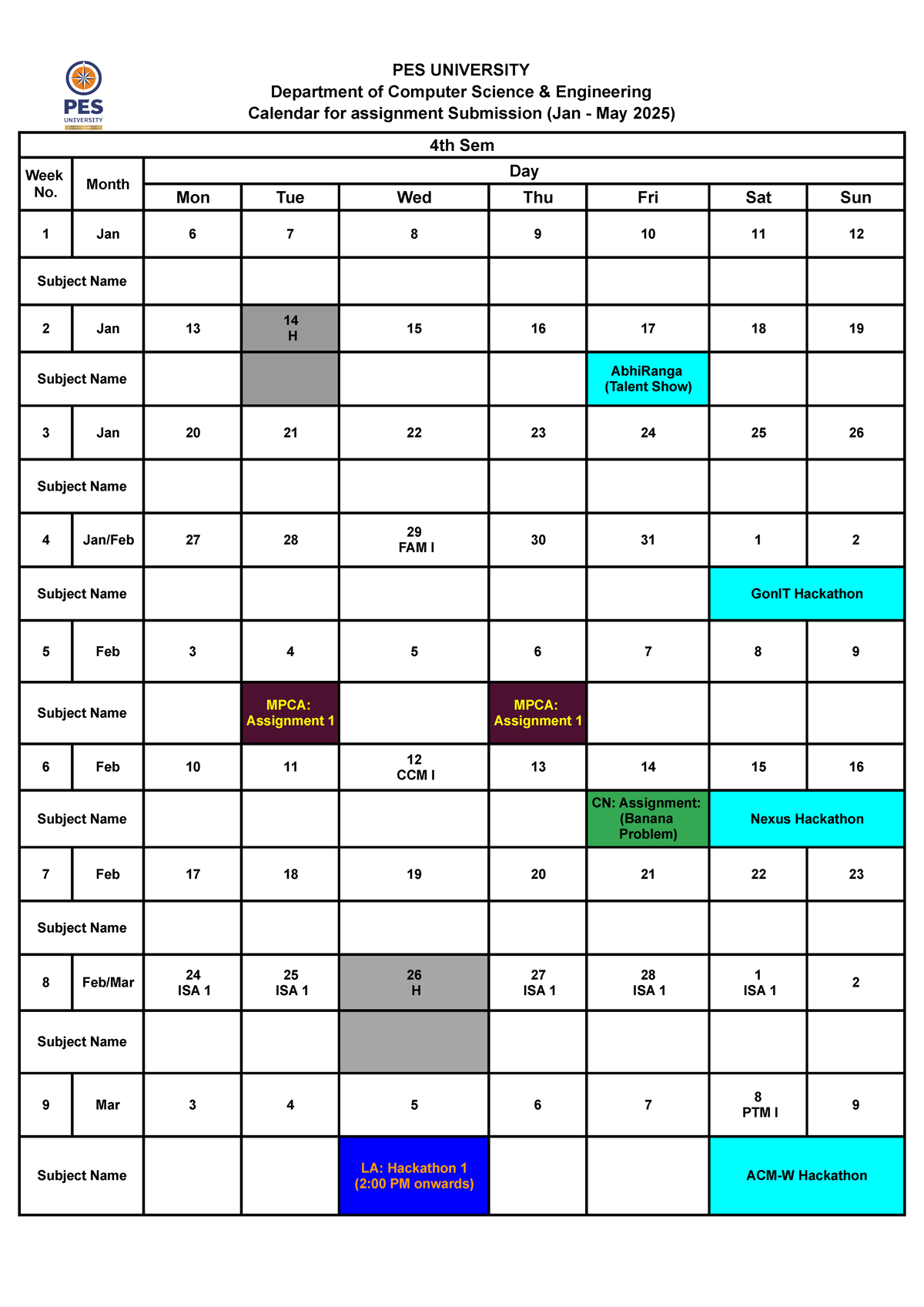 Calendar for assignment Submission(Jan-May 2025) - 4th Sem - PES ...