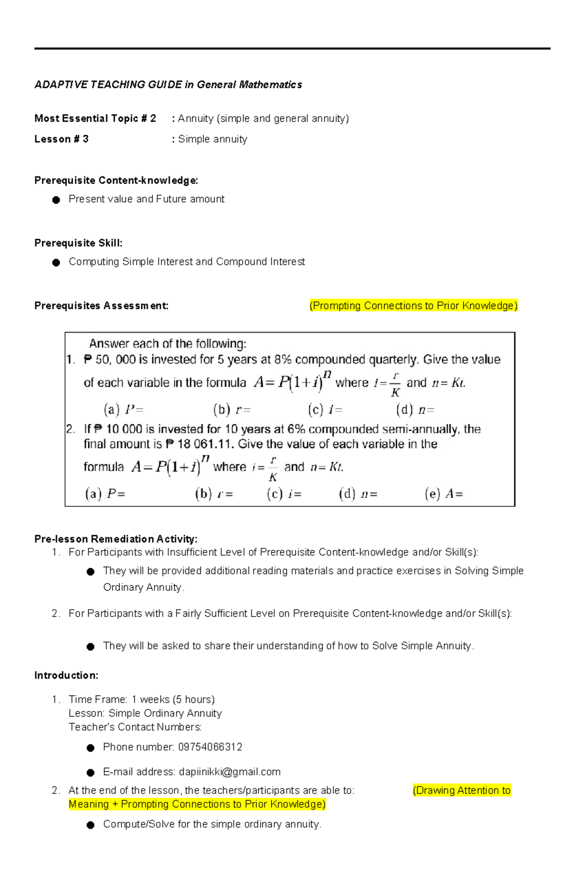 Adaptive Teaching Guide: Week 3 - Simple Ordinary Annuity in Math - Studocu