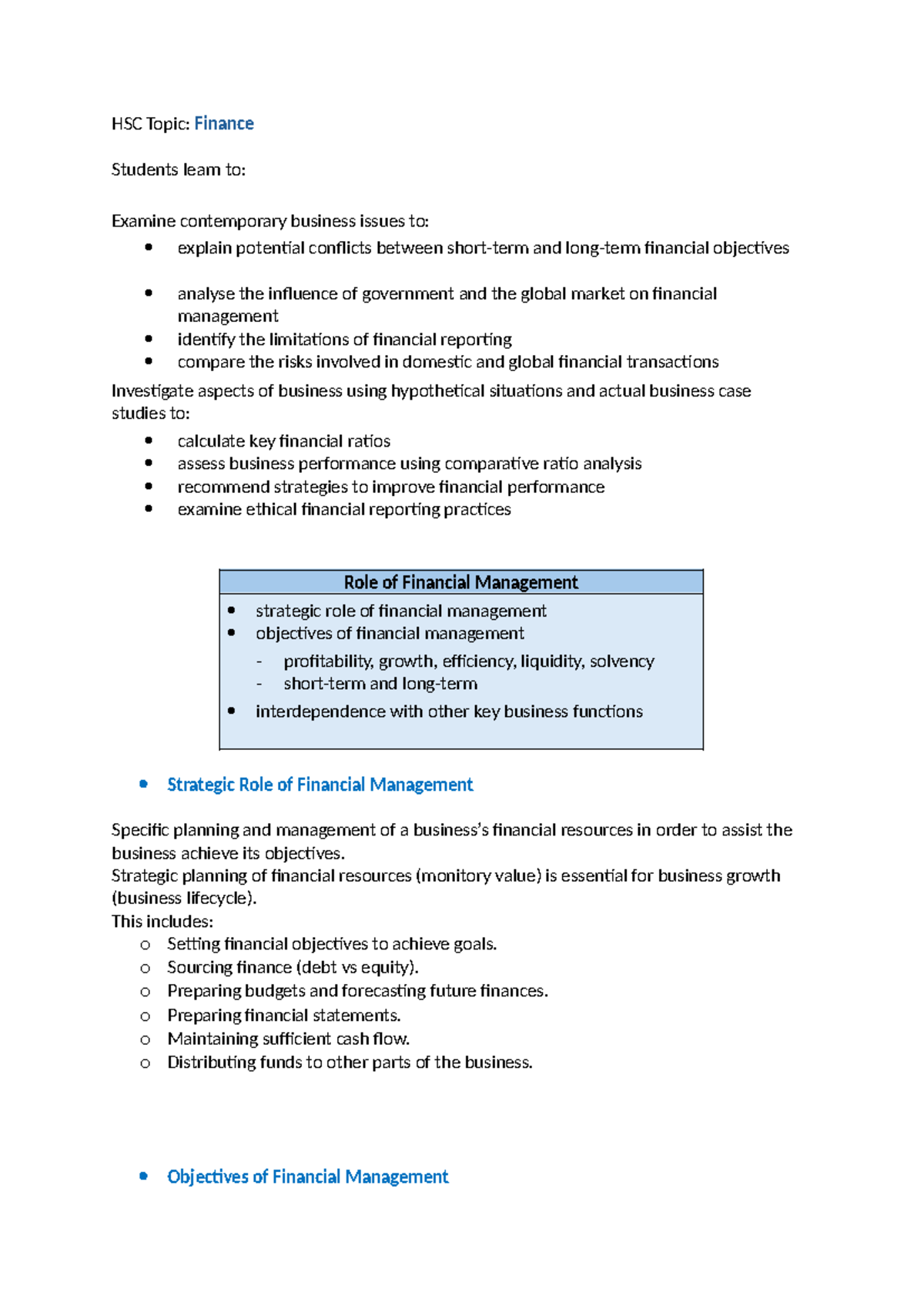 HSC Business Studies: Comprehensive Finance Notes for Students - Studocu