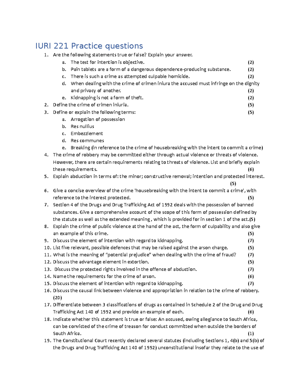 IURI 221 Final Exam Practice Questions on Criminal Law - Studocu