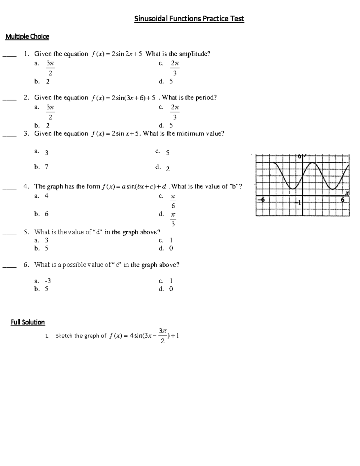 Sinusoidal Functions Practice Unit Test (MATH 101) - Studocu