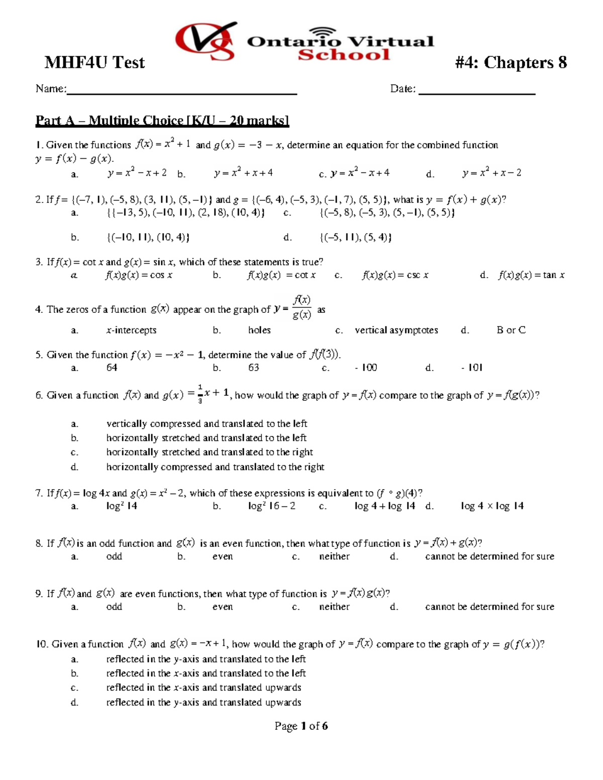 MHF4U test chapters 8 and 9 review questions and answers - Studocu