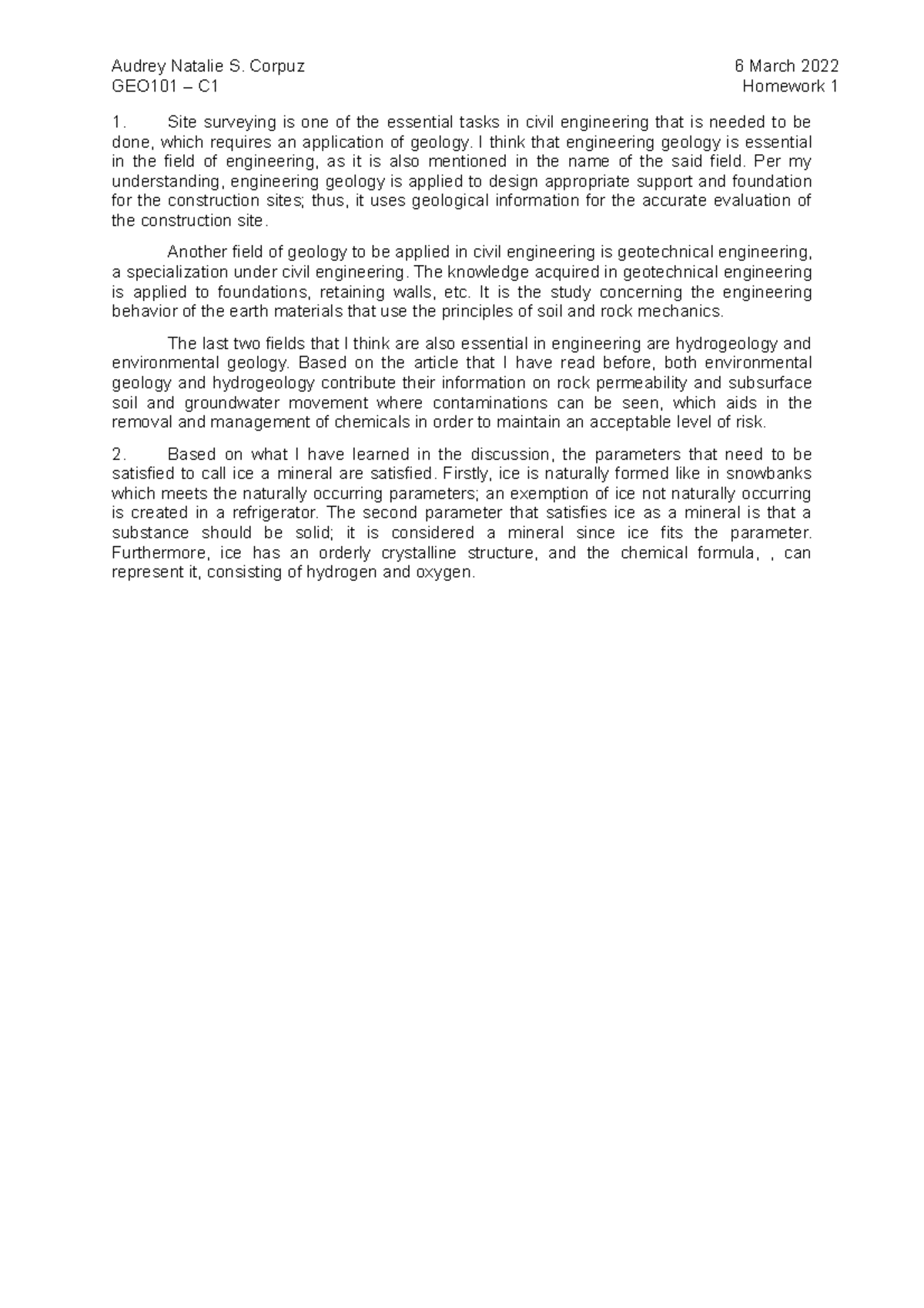 Homework 1 - Audrey Natalie S. Corpuz 6 March 2022 GEO101 – C1 Homework ...