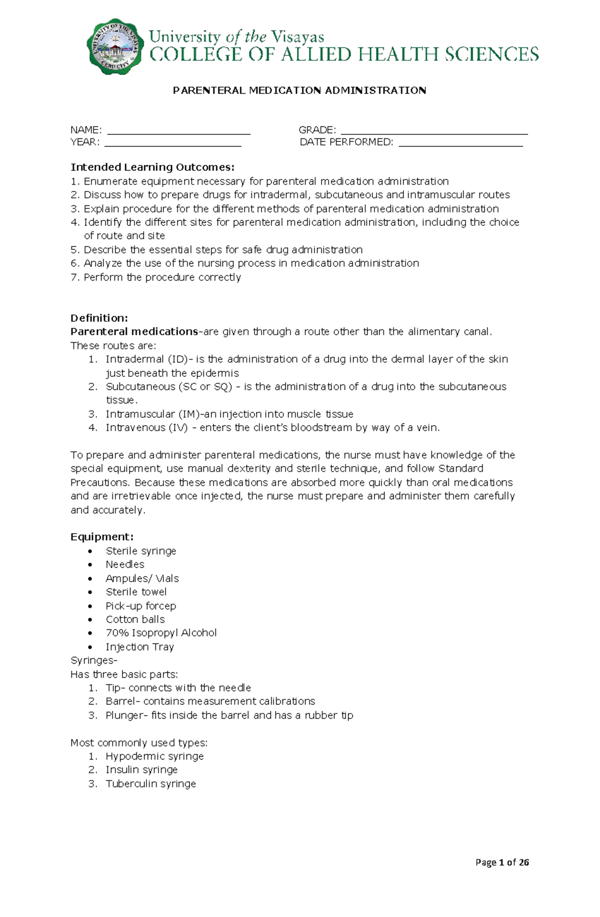 Parenteral Medication Administration Procedures (NURS 101) - Studocu