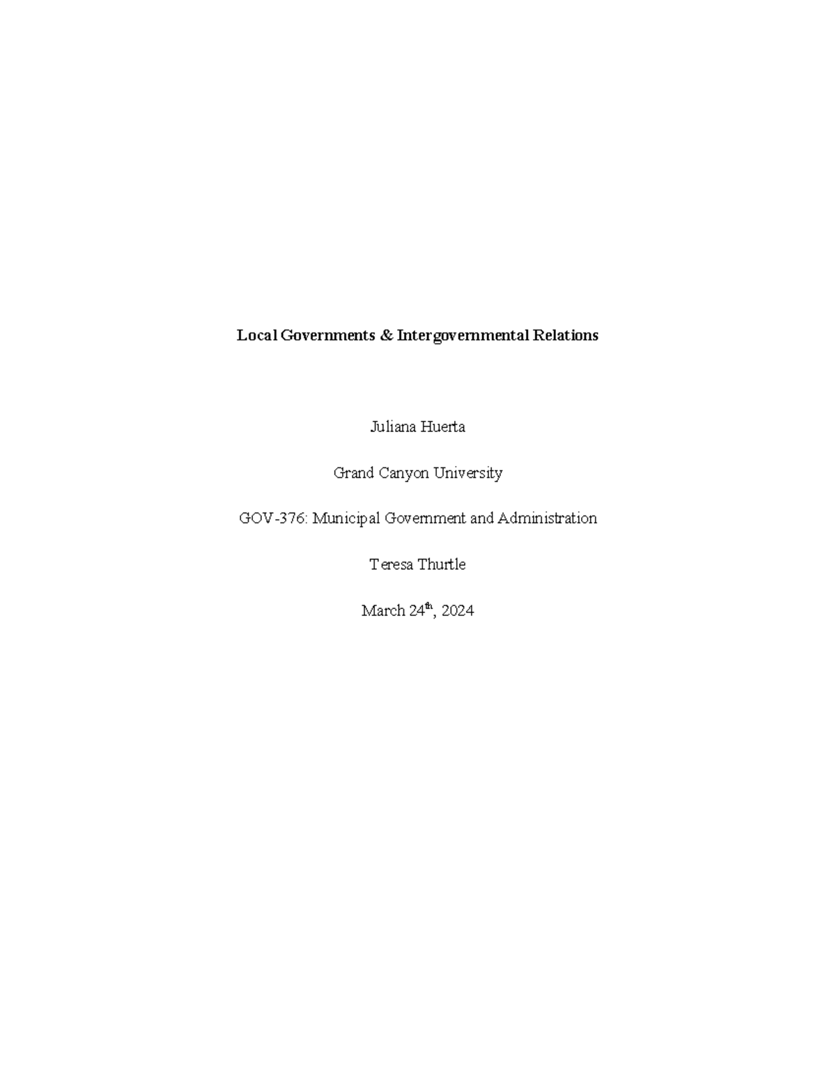 GOV-376: Essay on Local Governments & Intergovernmental Relations - Studocu