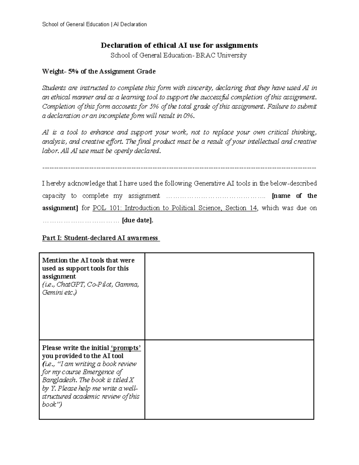 POL 101: Ethical AI Use Declaration for Assignments at BRAC University ...