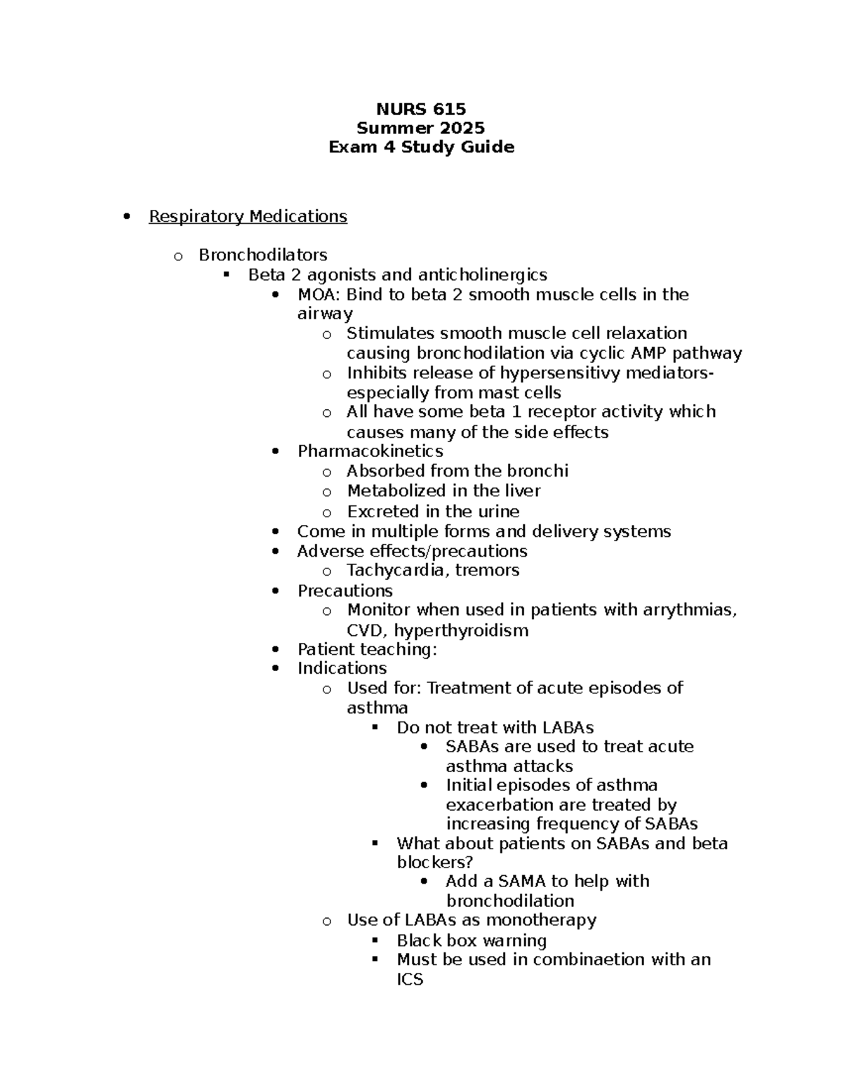 NURS 615 Summer 2025 Exam 4 Study Guide: Respiratory Medications - Studocu
