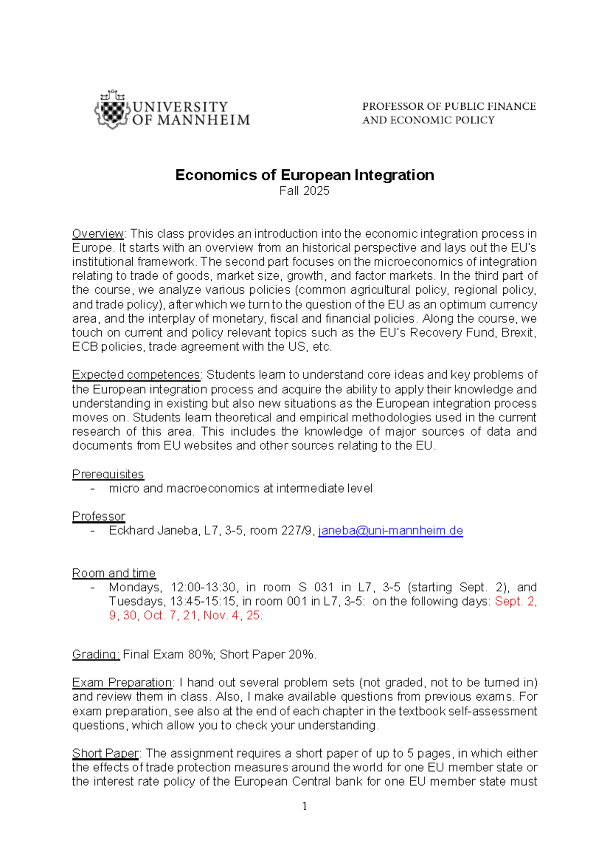 Syllabus: Economics of European Integration (ECO 101) Fall 2025 - Studocu