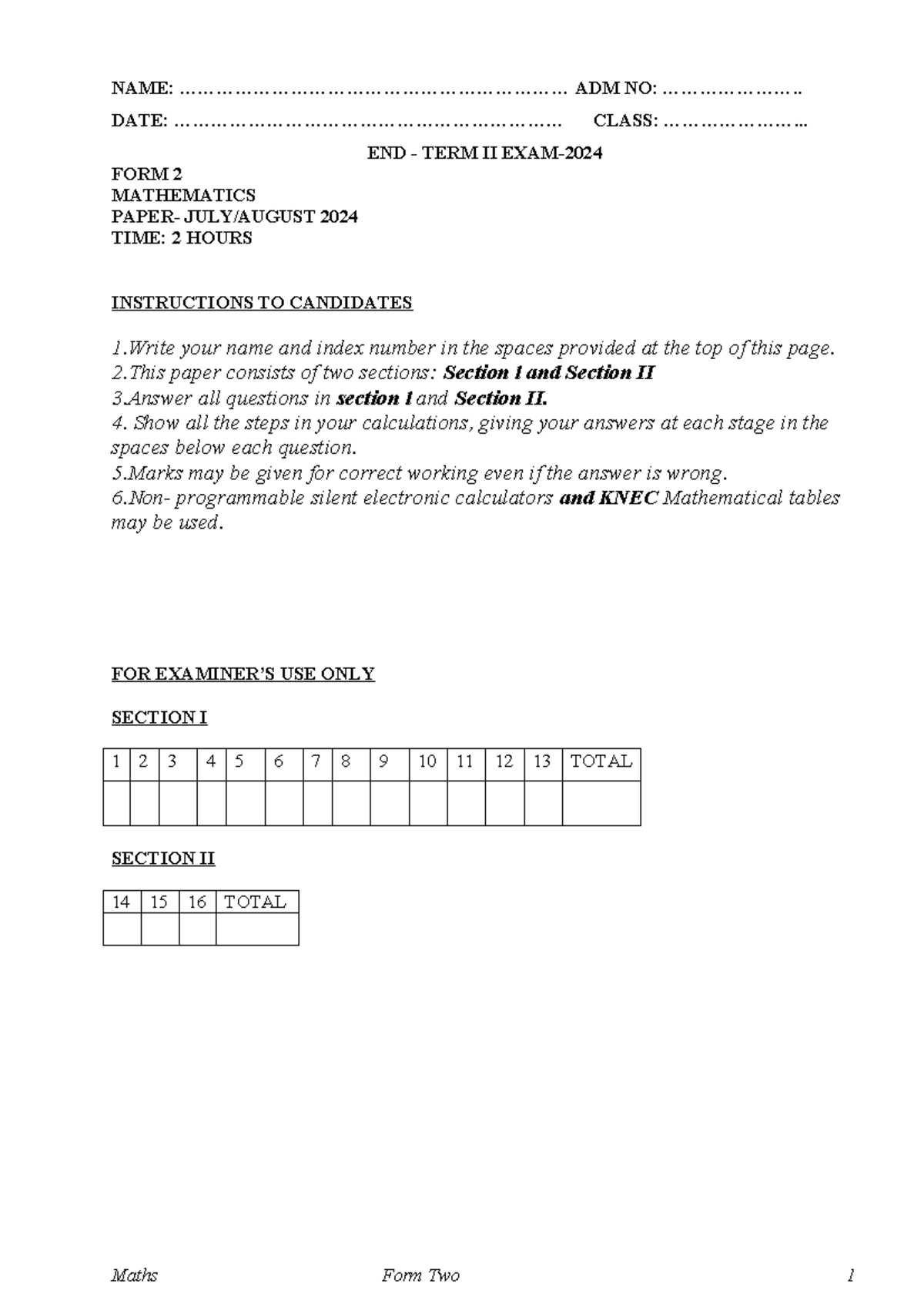 Paper 1 Mathematics form 3 End term 2 - NAME: - Studocu